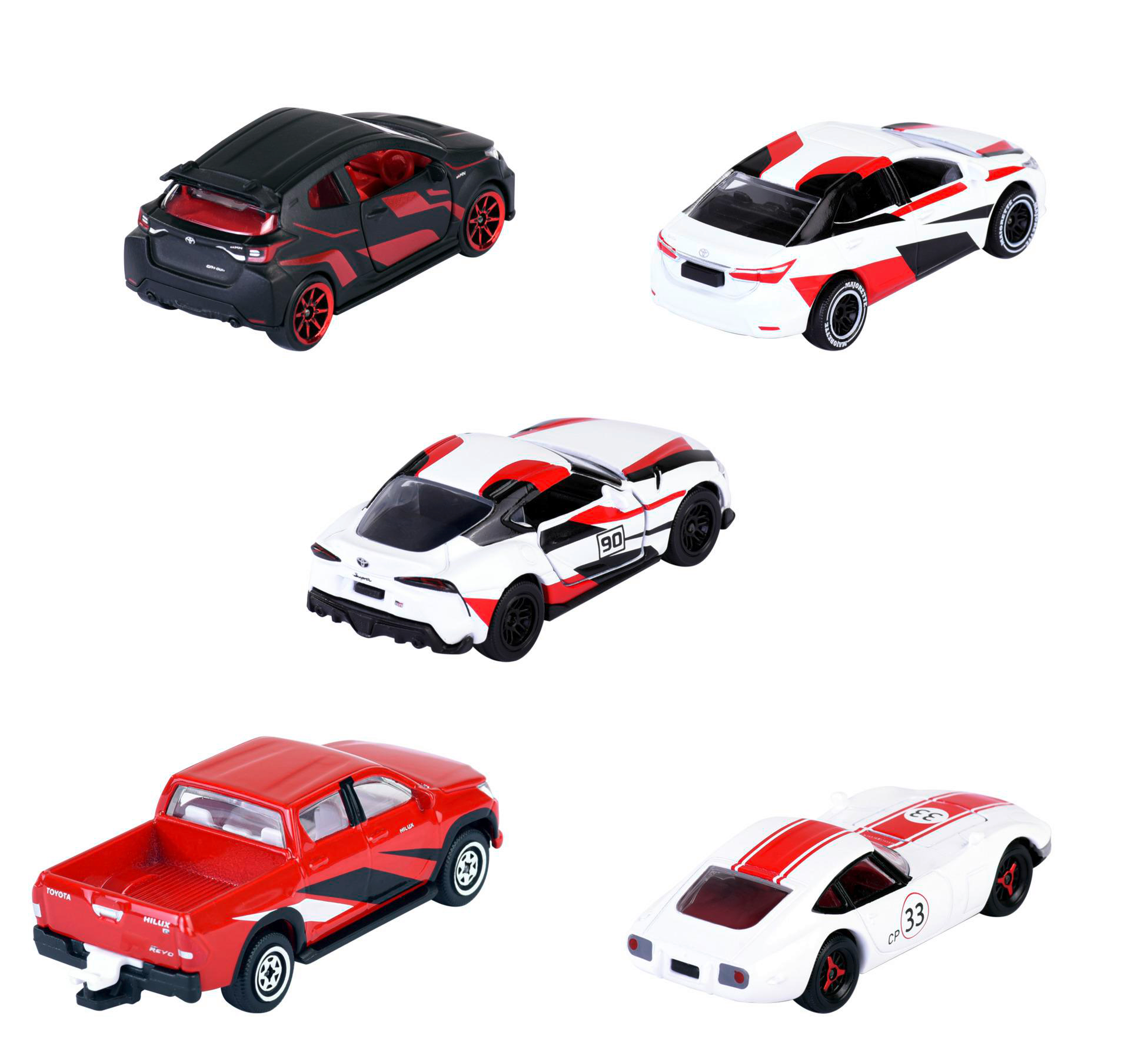 Spielzeugautos: schwarz-rotes Auto, weiß-rotes Auto, rot-rotes Auto, roter LKW, weißes Auto.