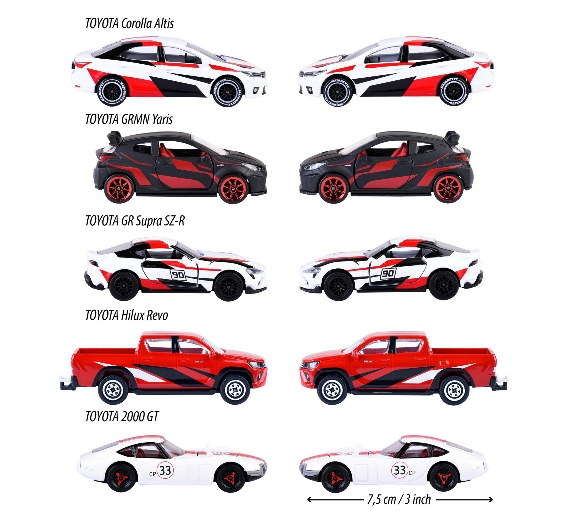 Sechs Spielzeugautos in Rot, Weiß und Schwarz, verschiedene Modelle, auf weißem Hintergrund.
