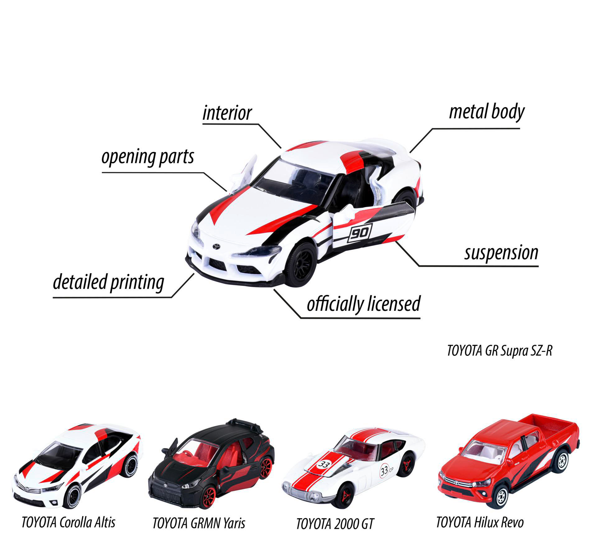 Spielzeugauto Toyota GR Supra SZ-R mit Etiketten. Vier weitere Spielzeugautos.
