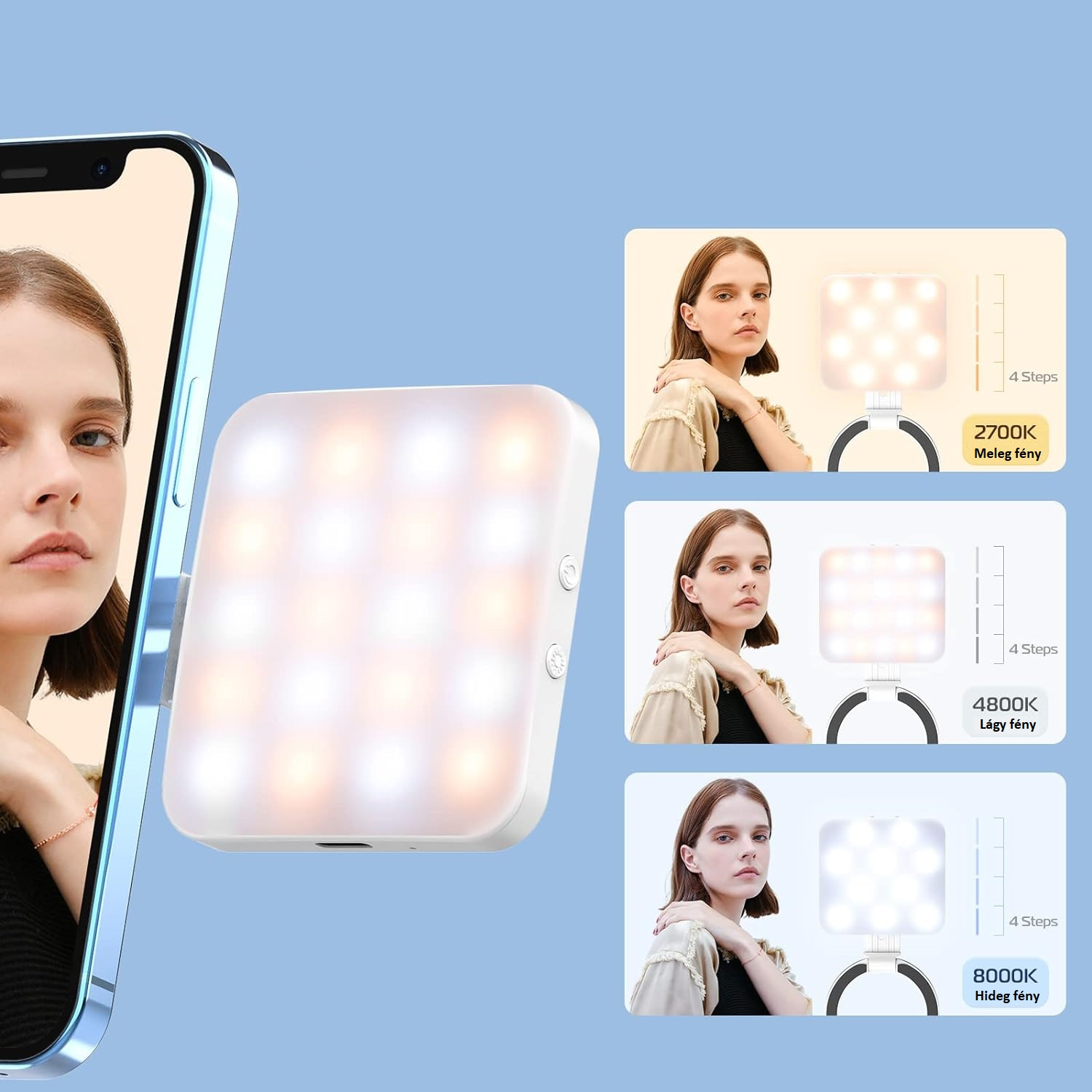 Nő arca a telefon képernyőjén, fehér fény panellel és fényhőmérséklet-opciókkal kék háttéren.
