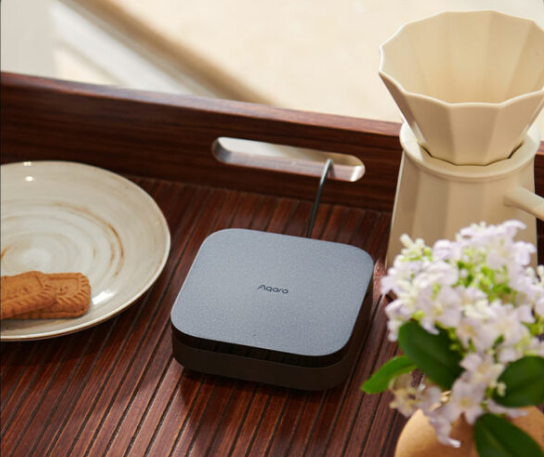 Un hub de maison intelligente avec une assiette de biscuits, un petit vase avec des fleurs et une installation de filtre à café.