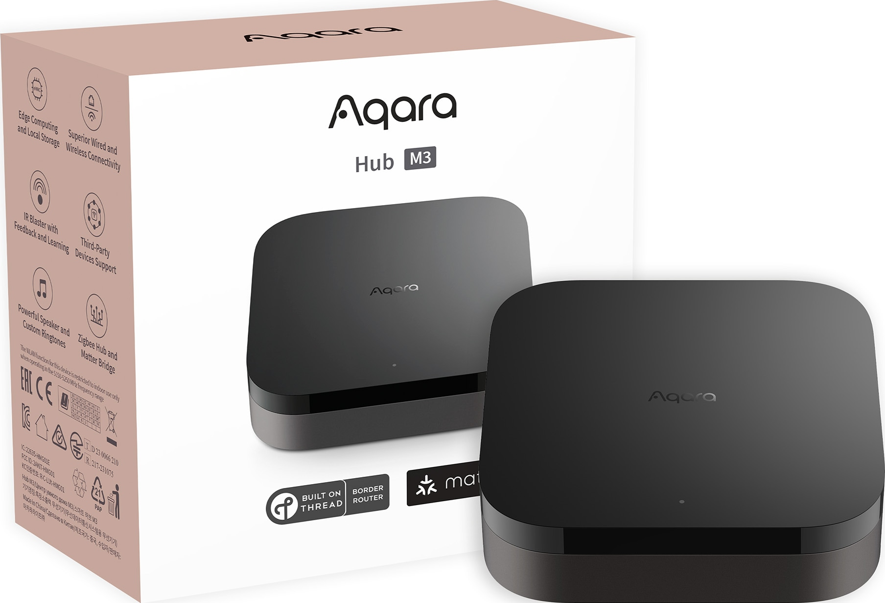 Appareil Aqara Hub M3 noir avec boîte blanche, montrant les détails du produit.