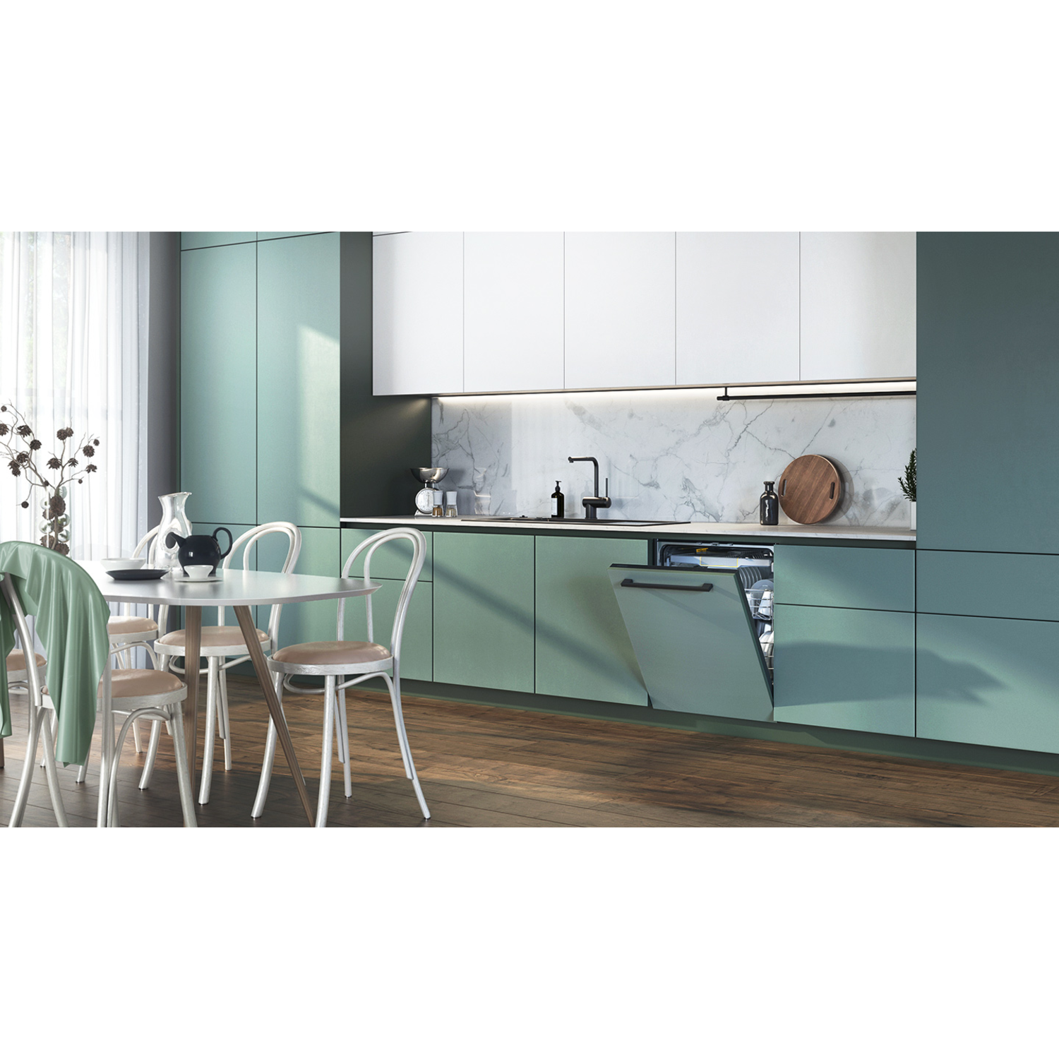 Een moderne keuken met groene kasten en een wit aanrechtblad. Een vaatwasser staat open.