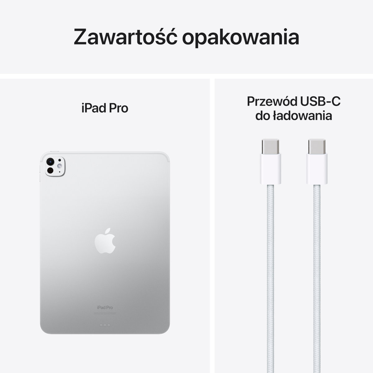 iPad Pro i kabel ładujący USB-C, prezentowane na białym tle.