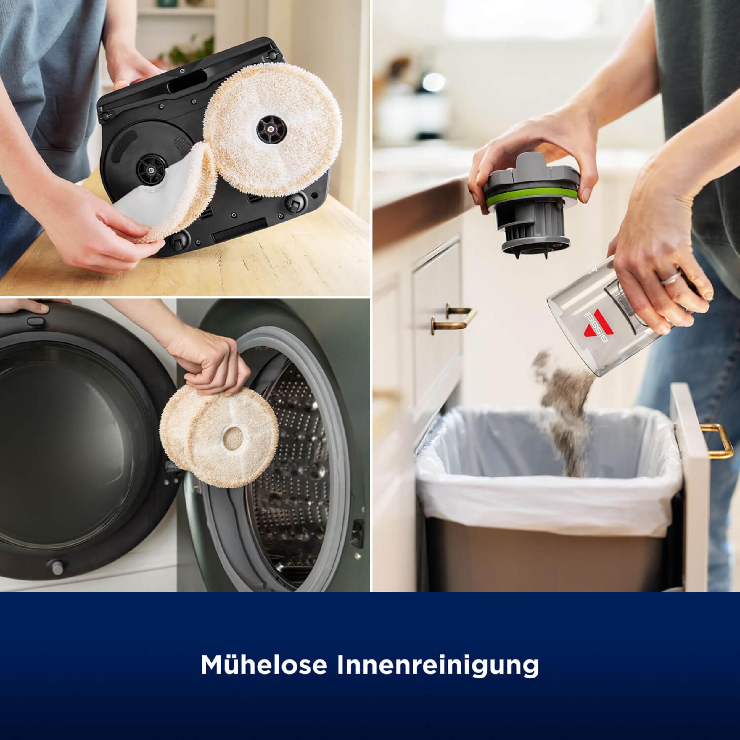 Collage von Bildern, die die Reinigung mit einer Maschine zeigen. Beinhaltet das Entfernen von Pads, Entleeren eines Behälters.