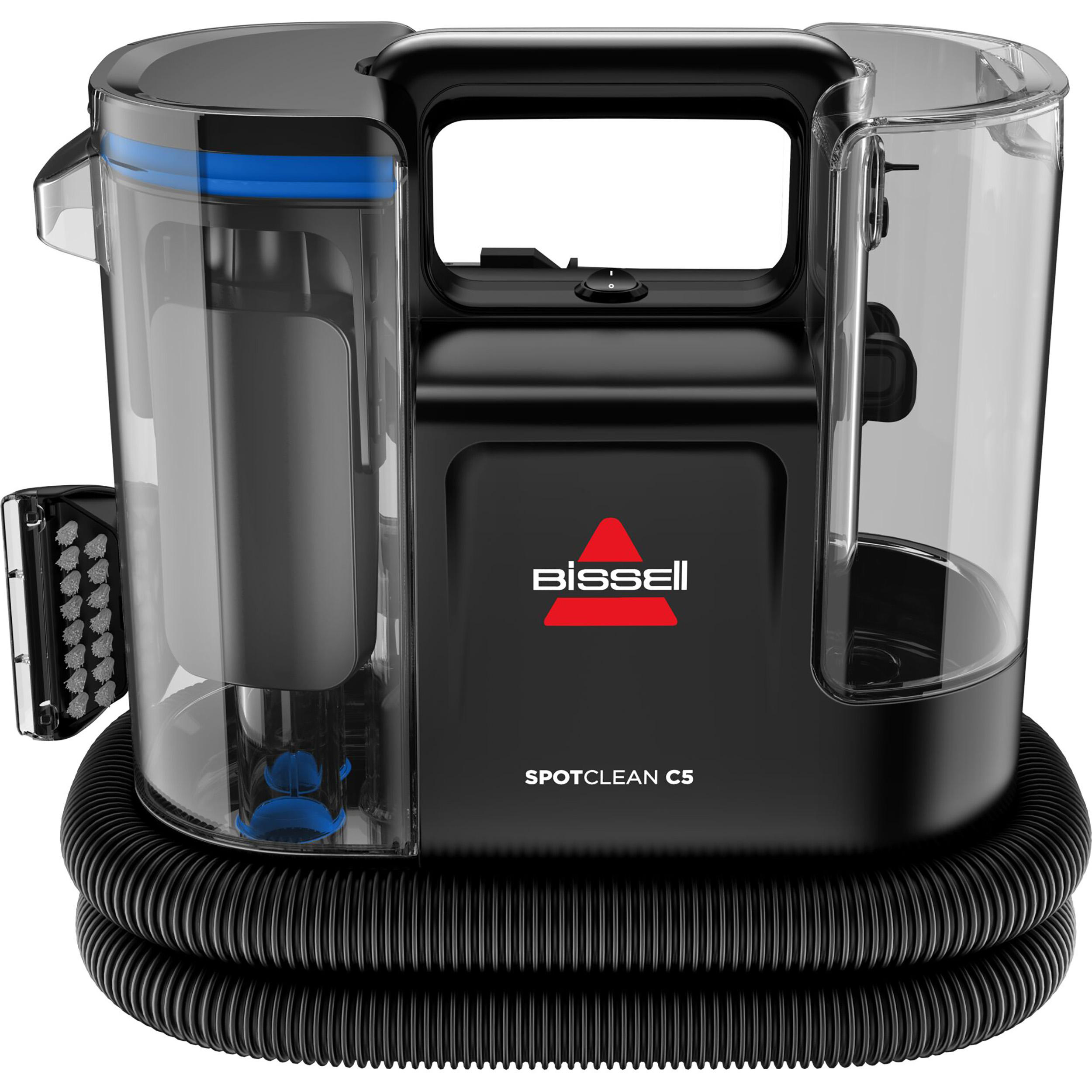 Schwarzer Bissell SpotClean C5 Reiniger auf weißem Hintergrund, mit Schlauch und Bürste.