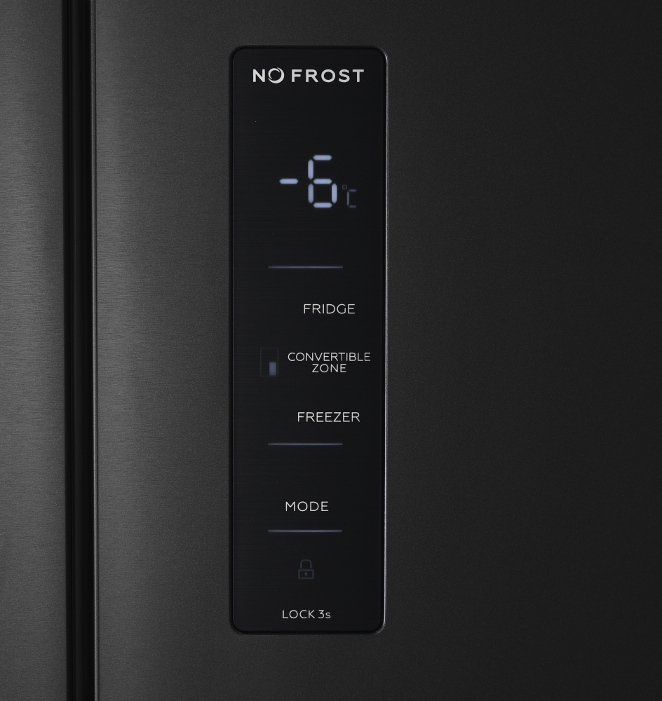 A black fridge control panel, displaying a temperature and options. Dark background.