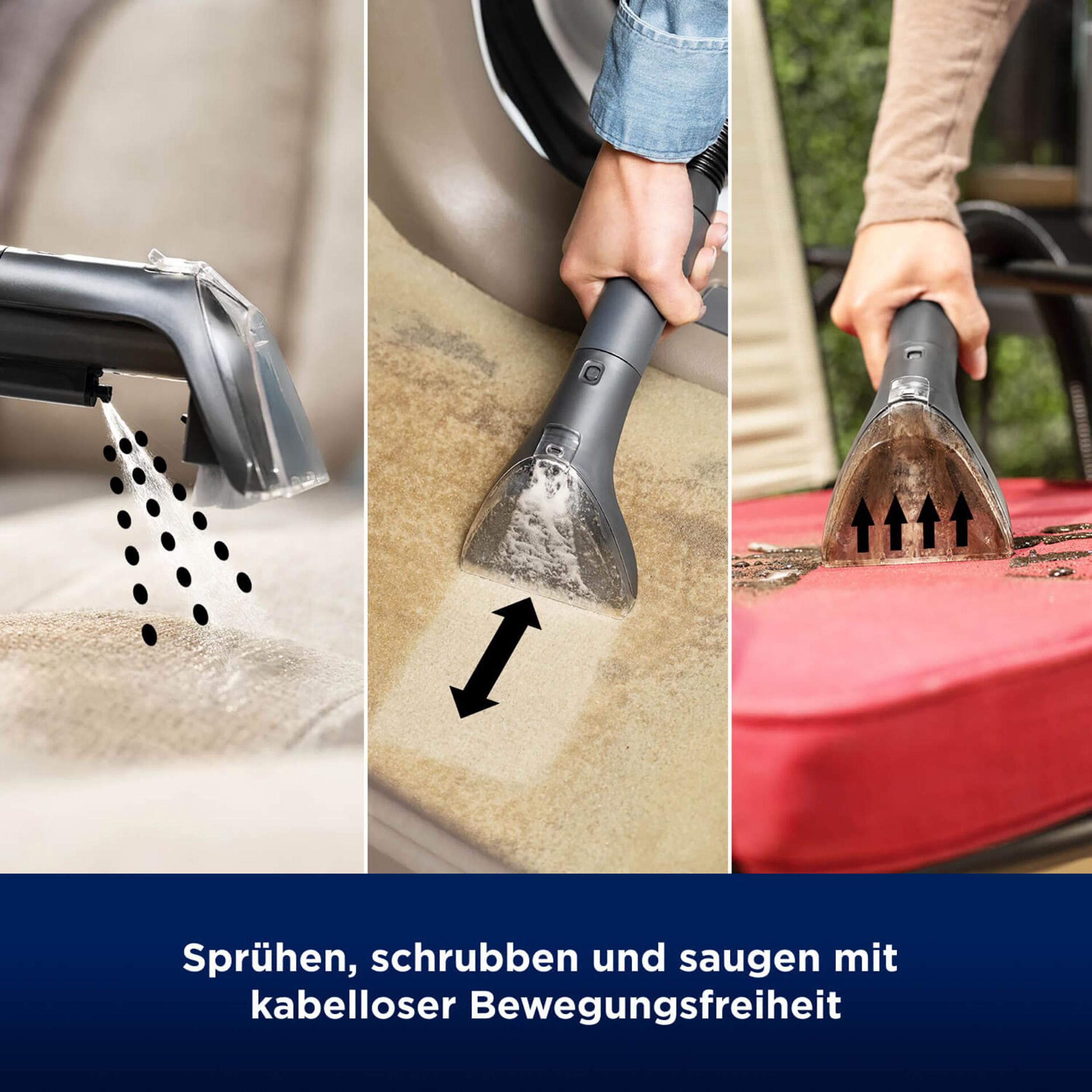 Drei Bilder zeigen Reinigungswerkzeuge, die sprühen, schrubben und saugen.