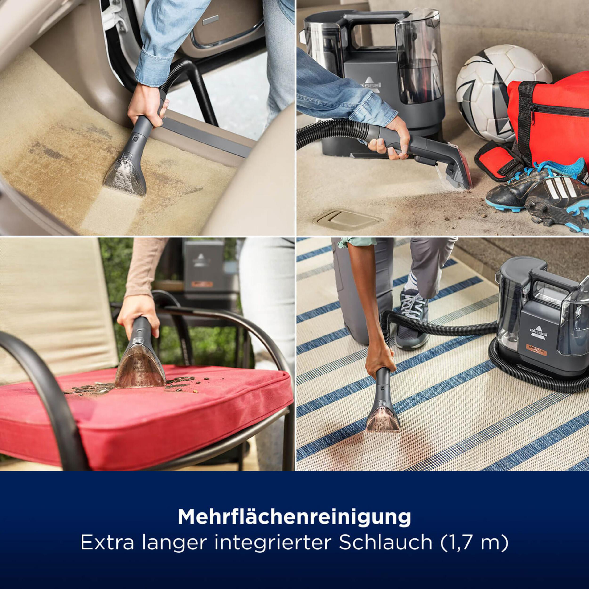Eine Collage zeigt die Reinigung eines Autositzes, eines Innenraums, eines Teppichs und eines roten Stuhls.