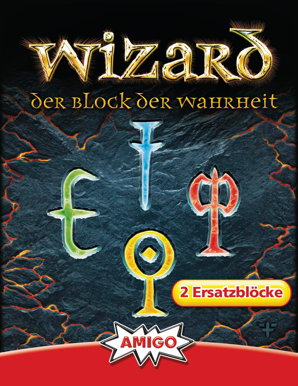 Spielbox mit Wizard-Titel und bunten Symbolen auf steinartigem Hintergrund.