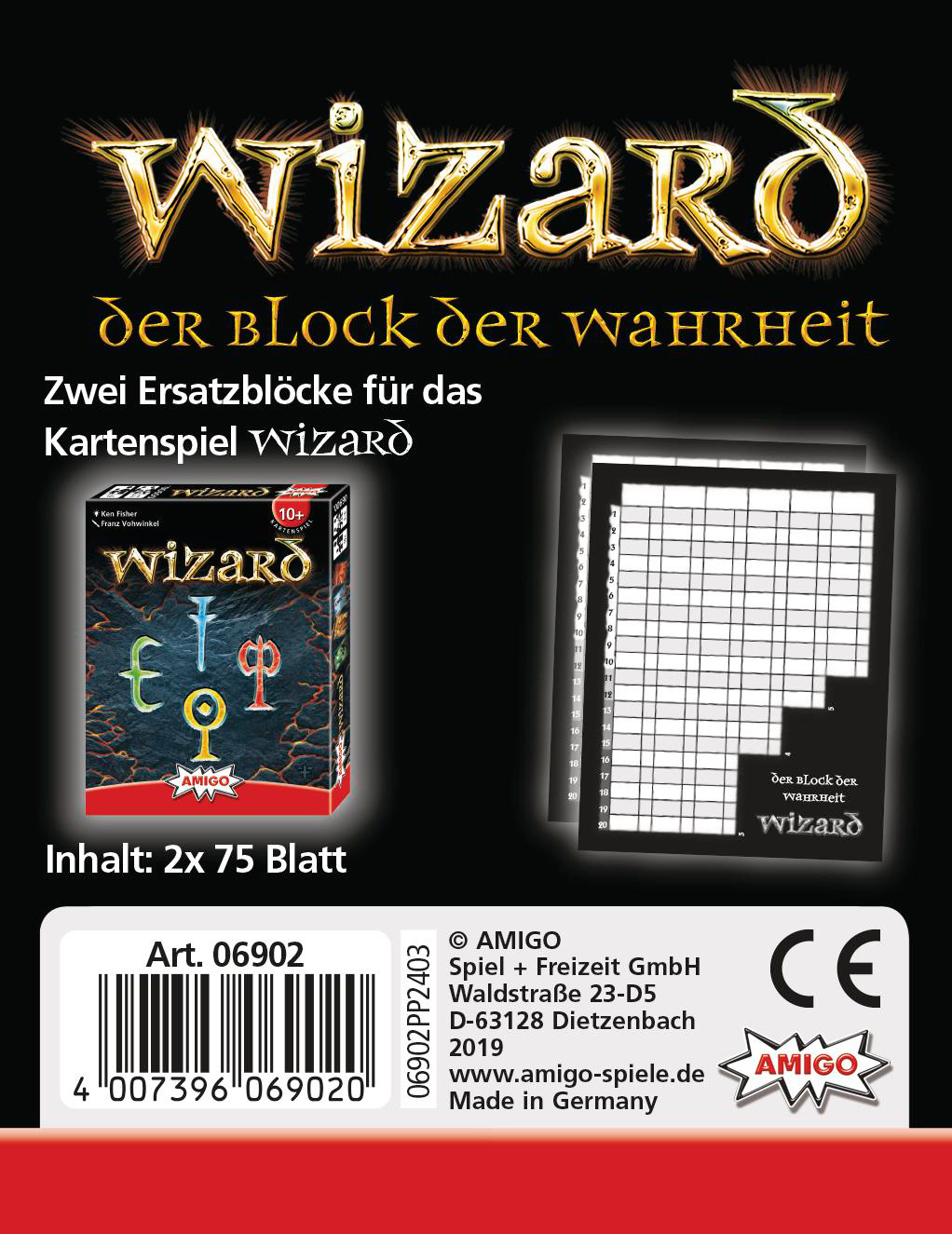 Wizard-Spielbox mit Spielsteinen und Anweisungen.