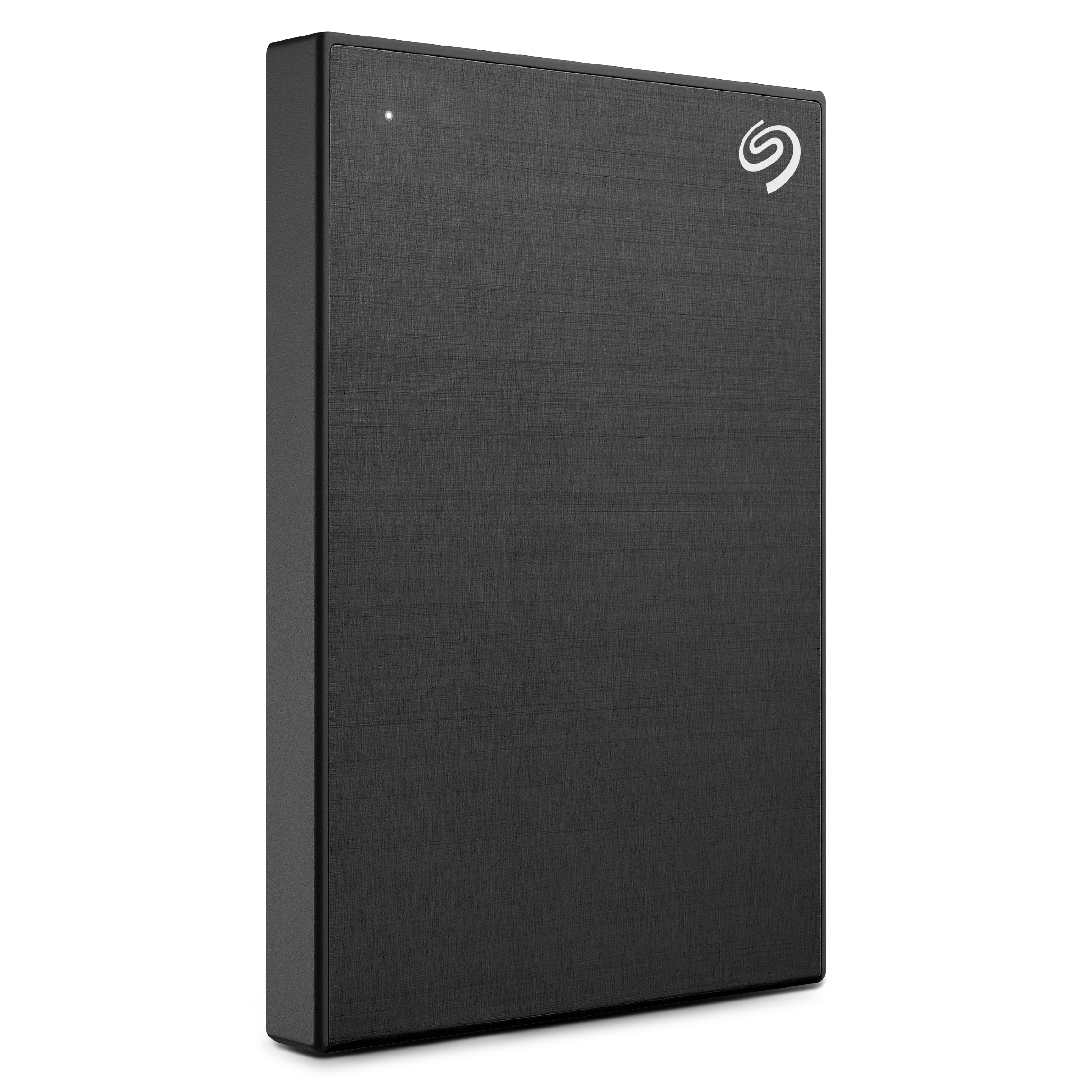 Eine schwarze externe Festplatte von Seagate, mit weißem Seagate-Logo oben rechts.