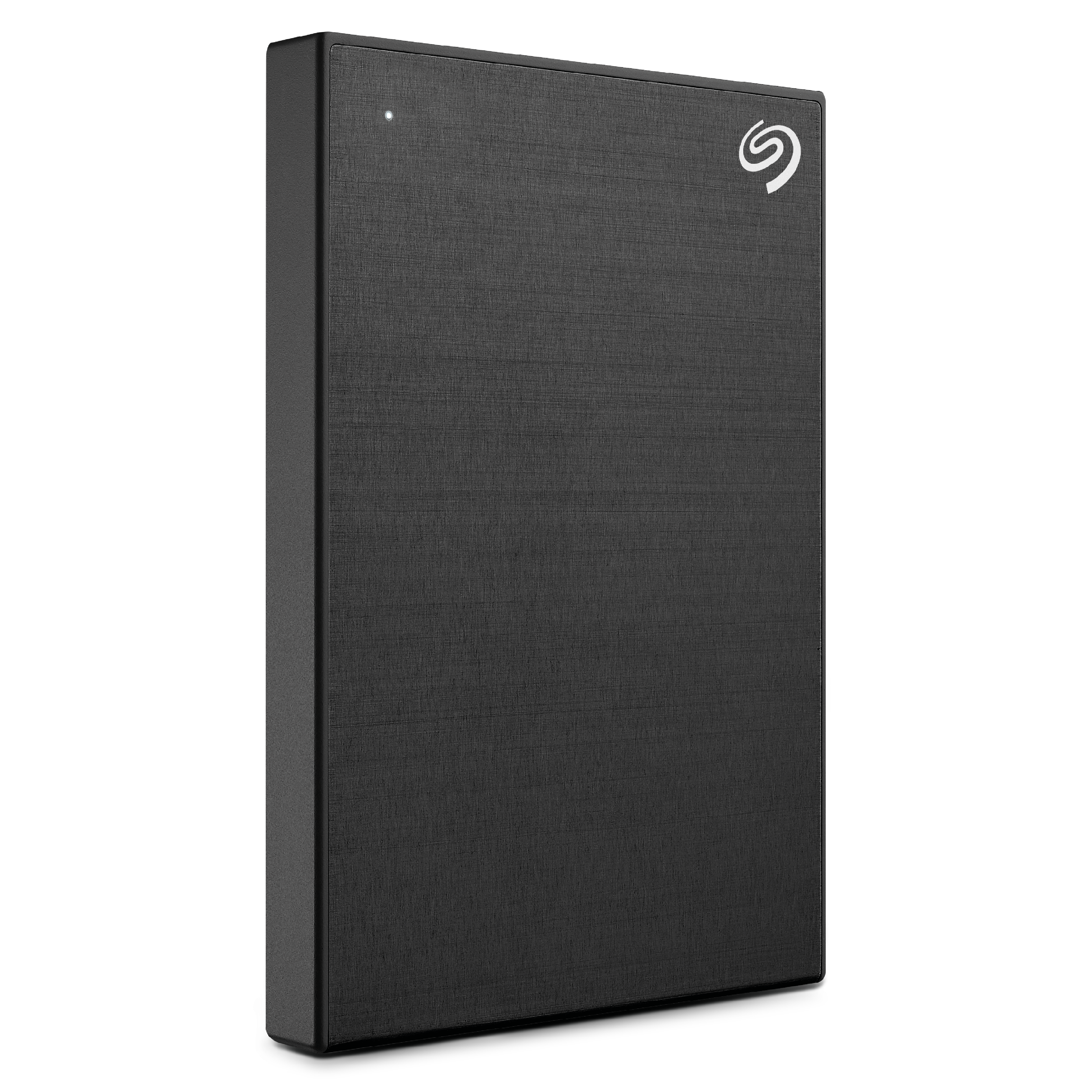Schwarze externe Festplatte. Seagate-Logo auf der rechten Seite. Dunkler Hintergrund.