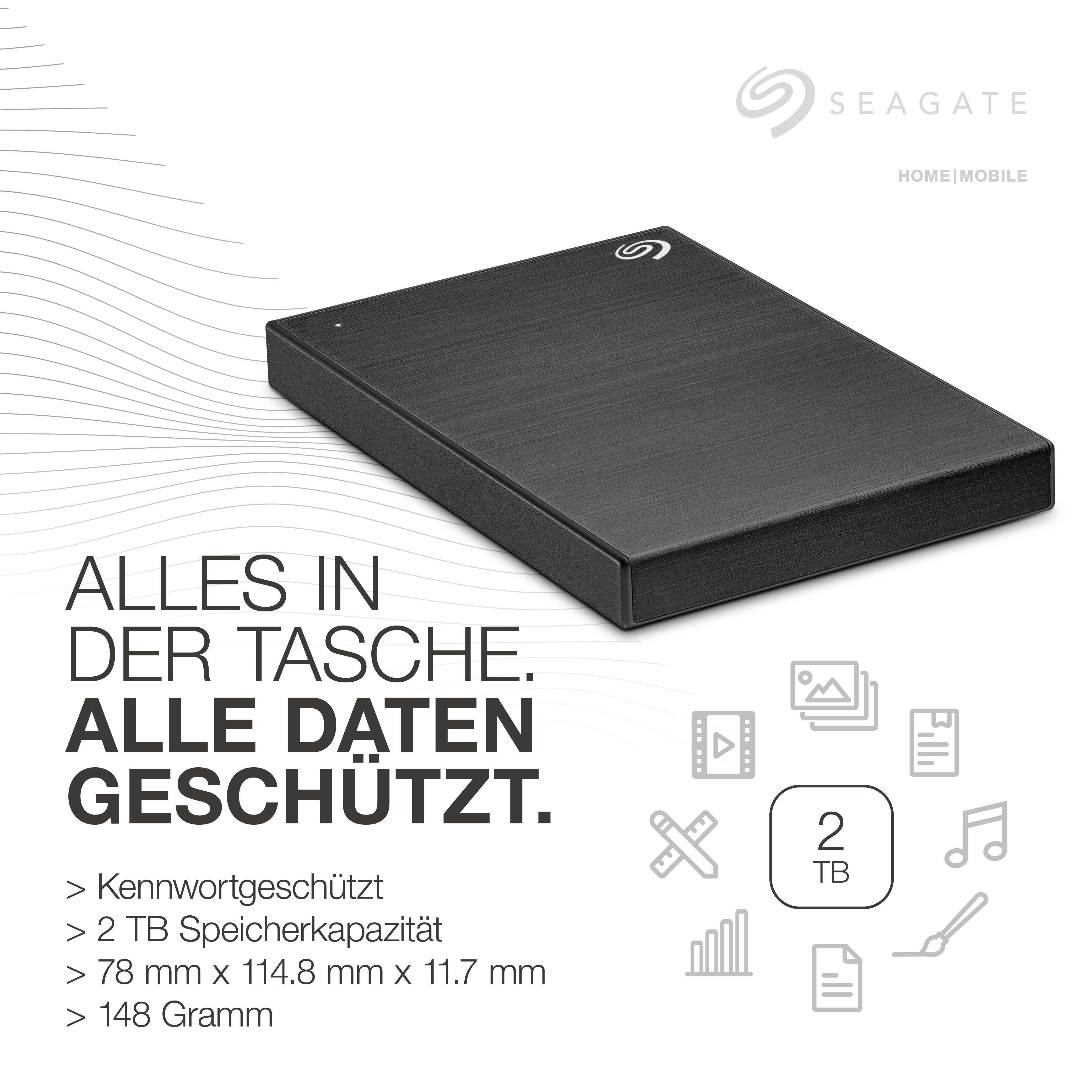 Schwarze externe Festplatte von Seagate mit Text und Symbolen auf weißem Hintergrund.