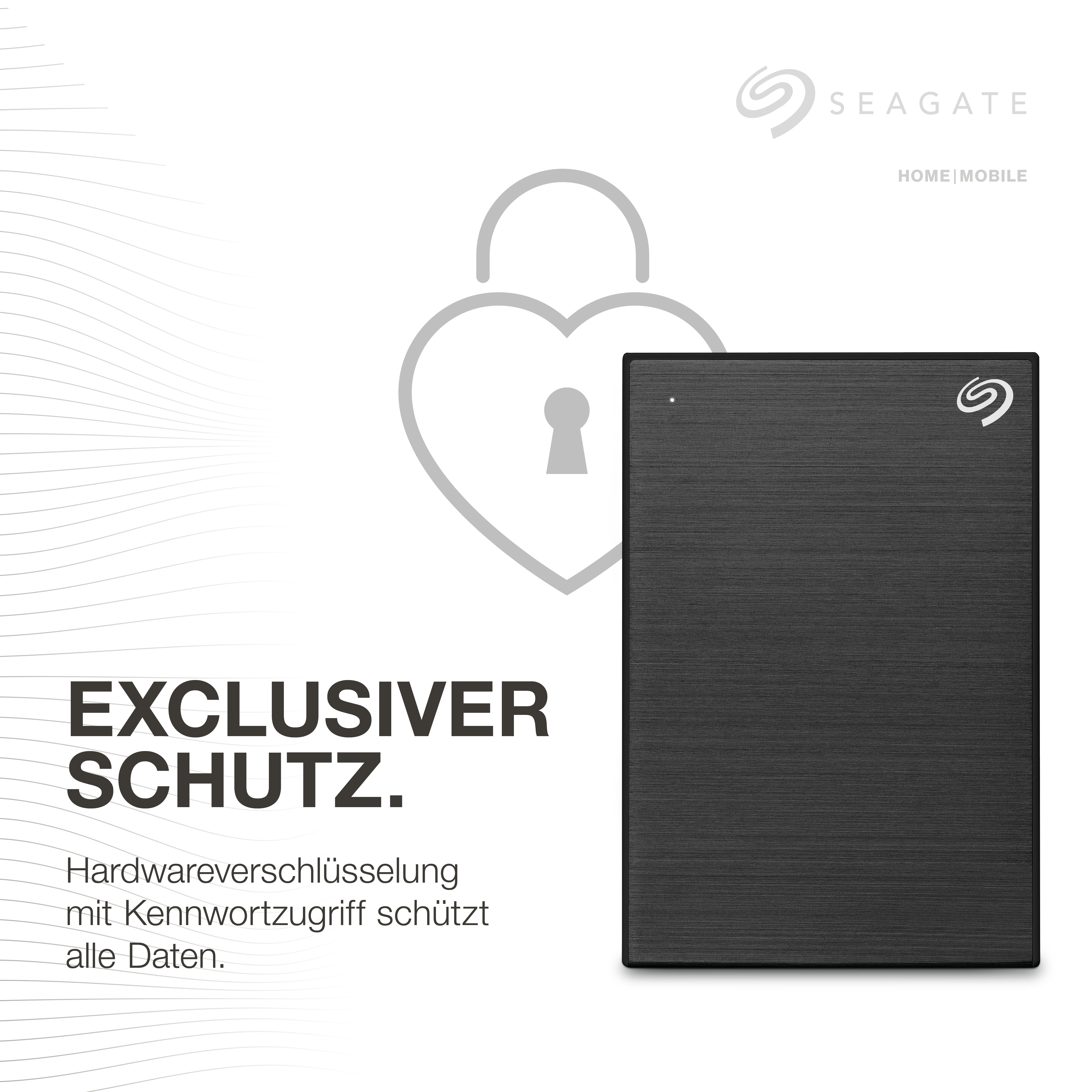 Eine schwarze externe Festplatte mit einem Schlosssymbol darüber. Text: Exklusiver Schutz.
