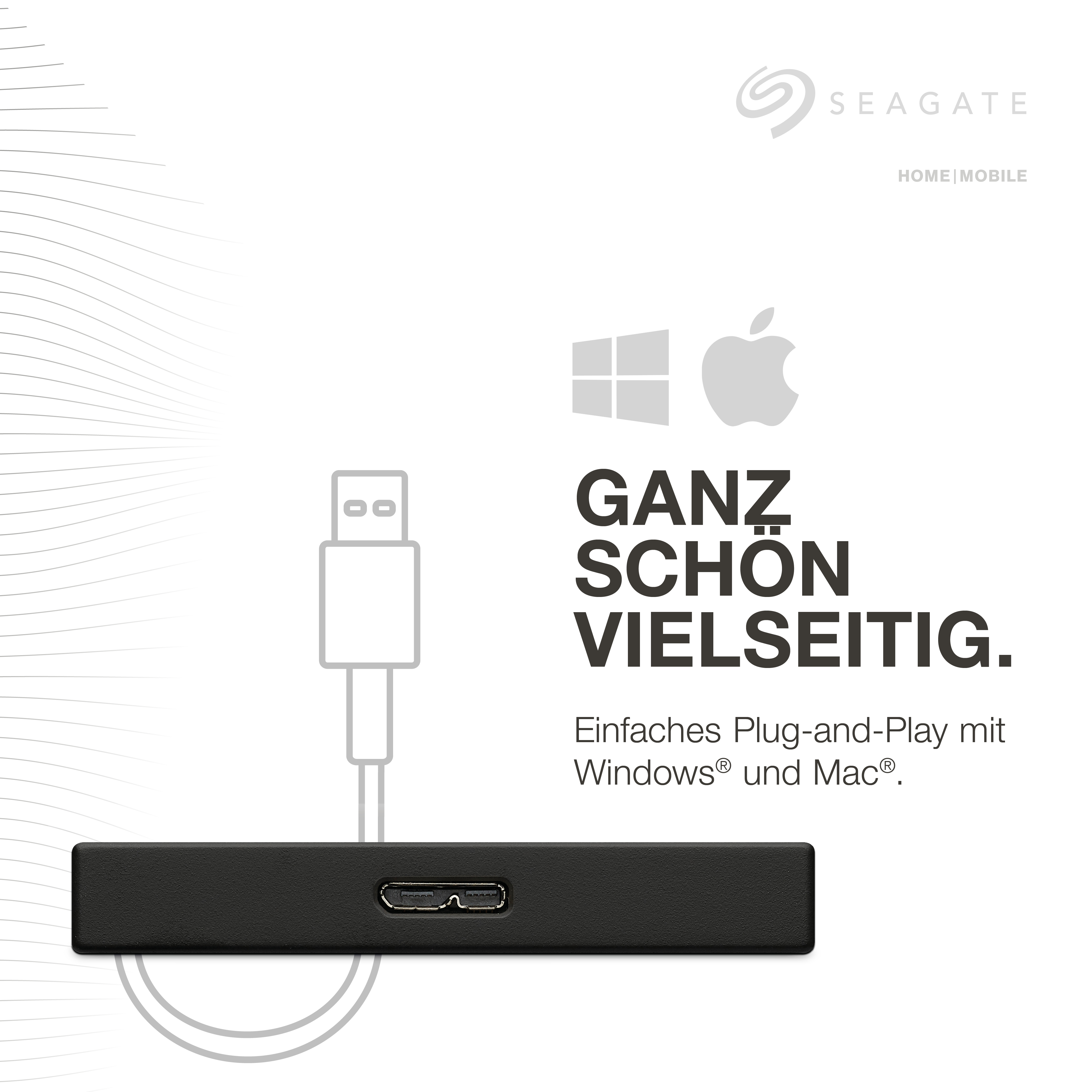 Schwarze externe Festplatte von Seagate mit USB-Kabel. Text: Ganz schön vielseitig.