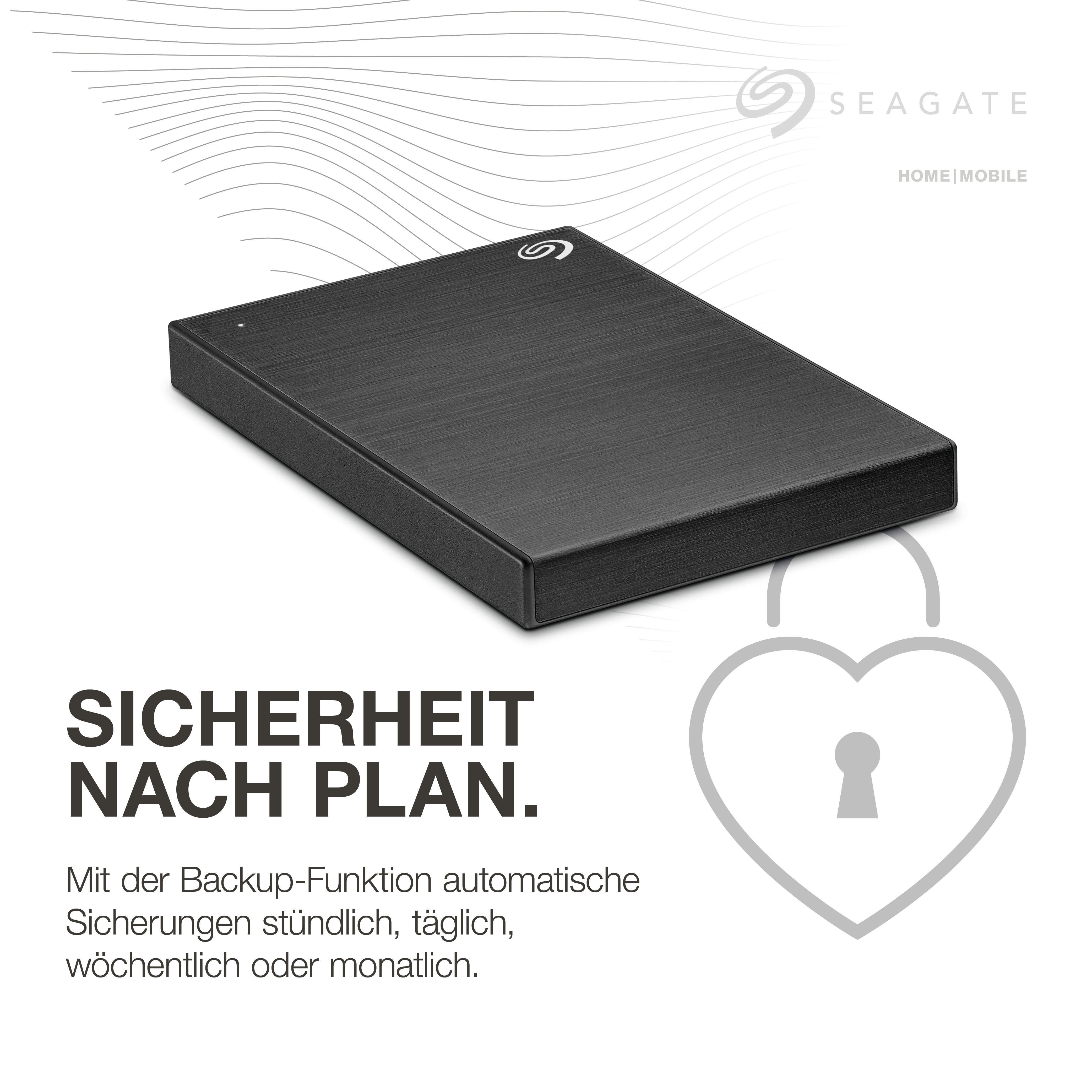 Eine schwarze Seagate-Festplatte mit einem Herz-Vorhängeschloss und Text über die Backup-Funktion.