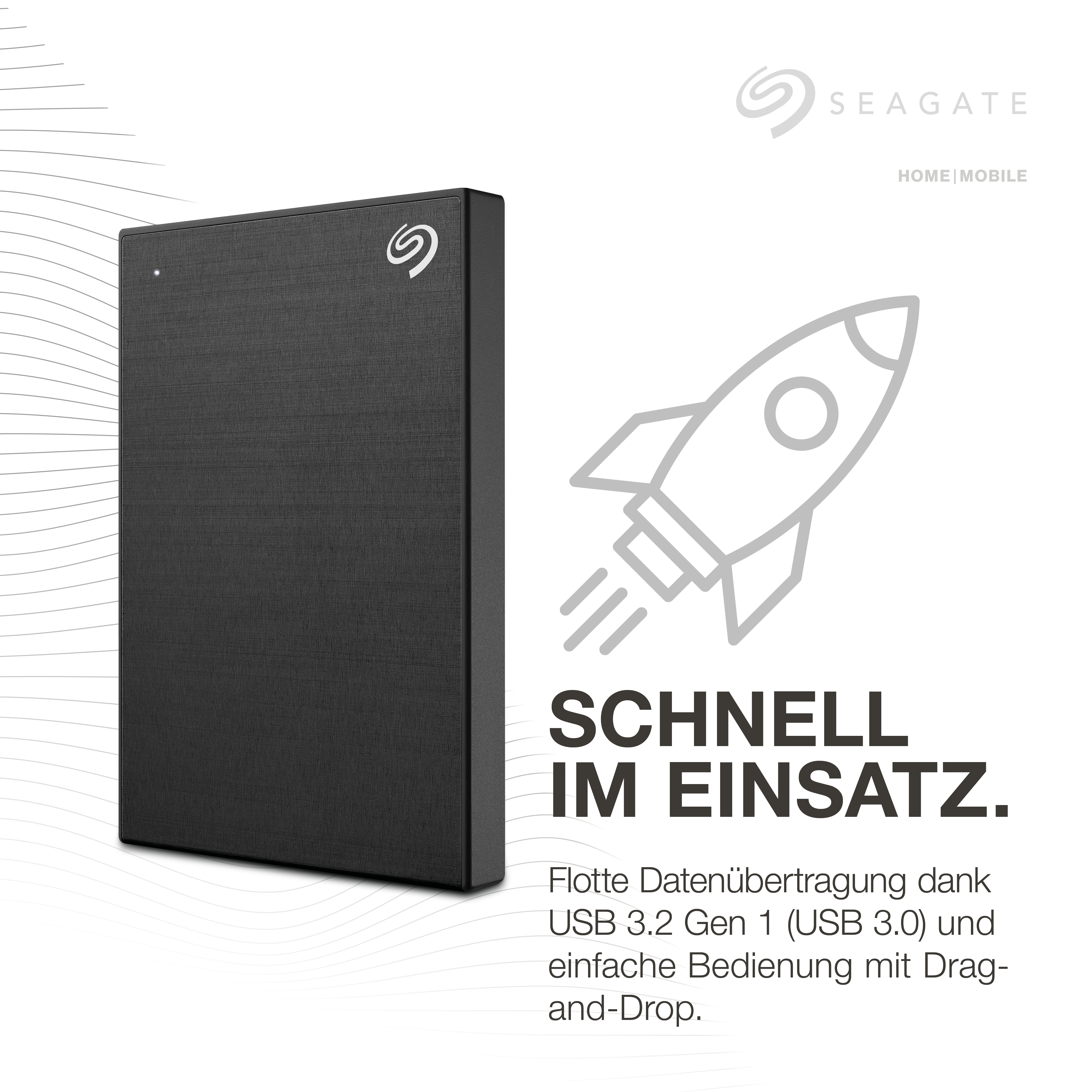Schwarze externe Festplatte von Seagate mit Raketengrafik und deutschem Text: "SCHNELL IM EINSATZ".