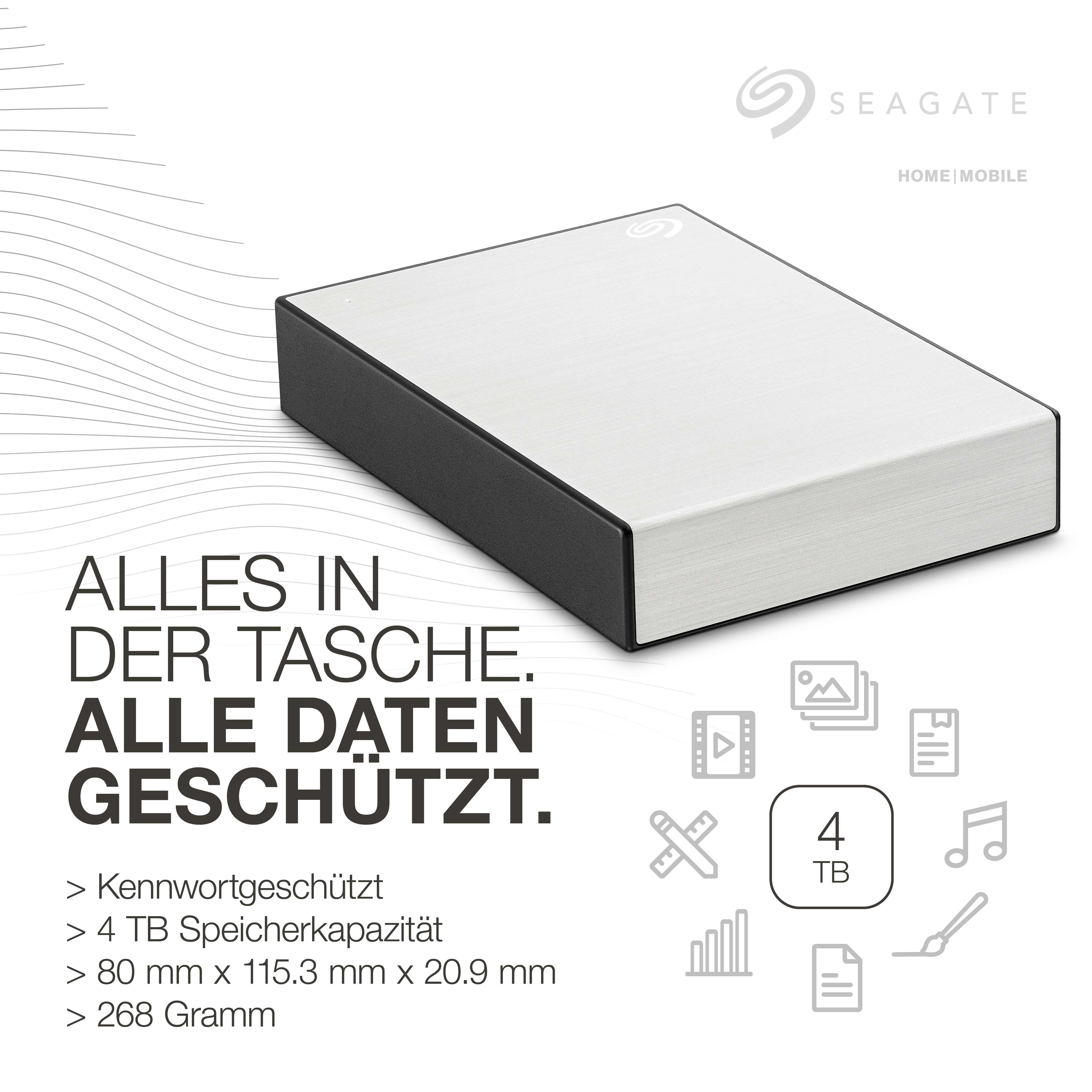 Eine silberne und schwarze Seagate-Festplatte. Datenschutz und 4 TB Kapazität werden hervorgehoben.