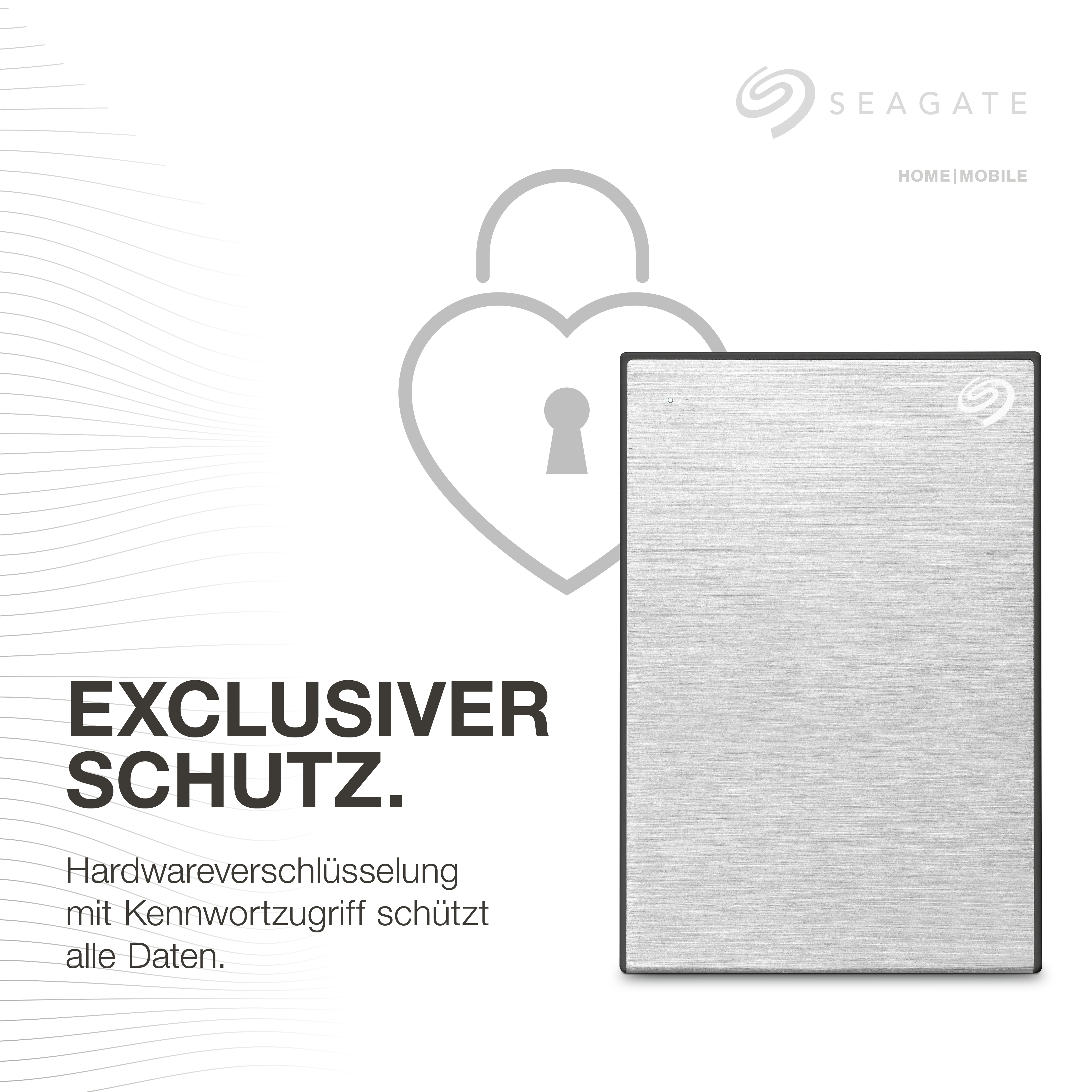 Silberne externe Festplatte mit herzförmigem Schloss und Text zum Datenschutz.