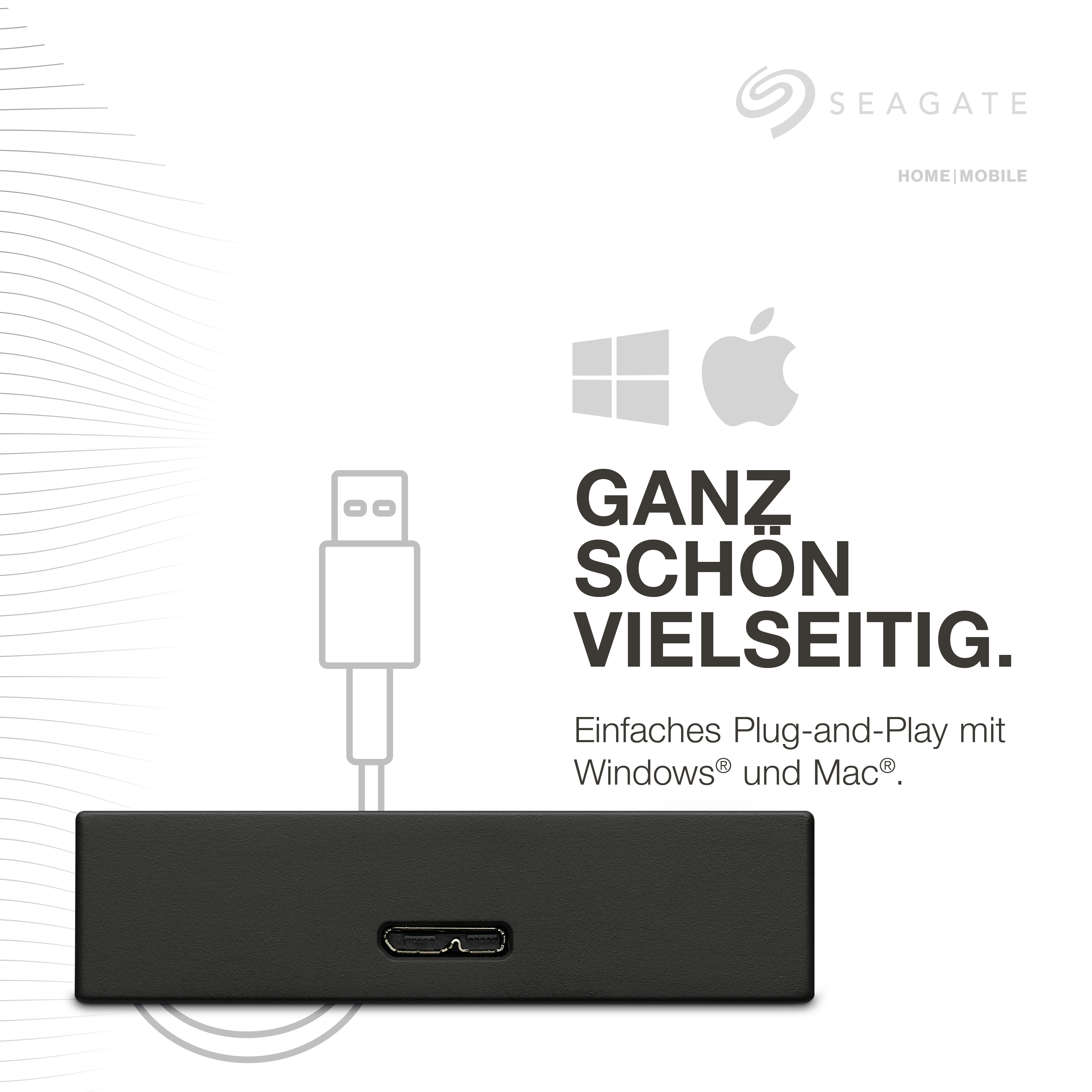 Schwarzes Seagate-Mobilgerät mit weißem Text: Ganz Schön Vielseitig, Simple Plug-and-Play mit Windows und Mac.