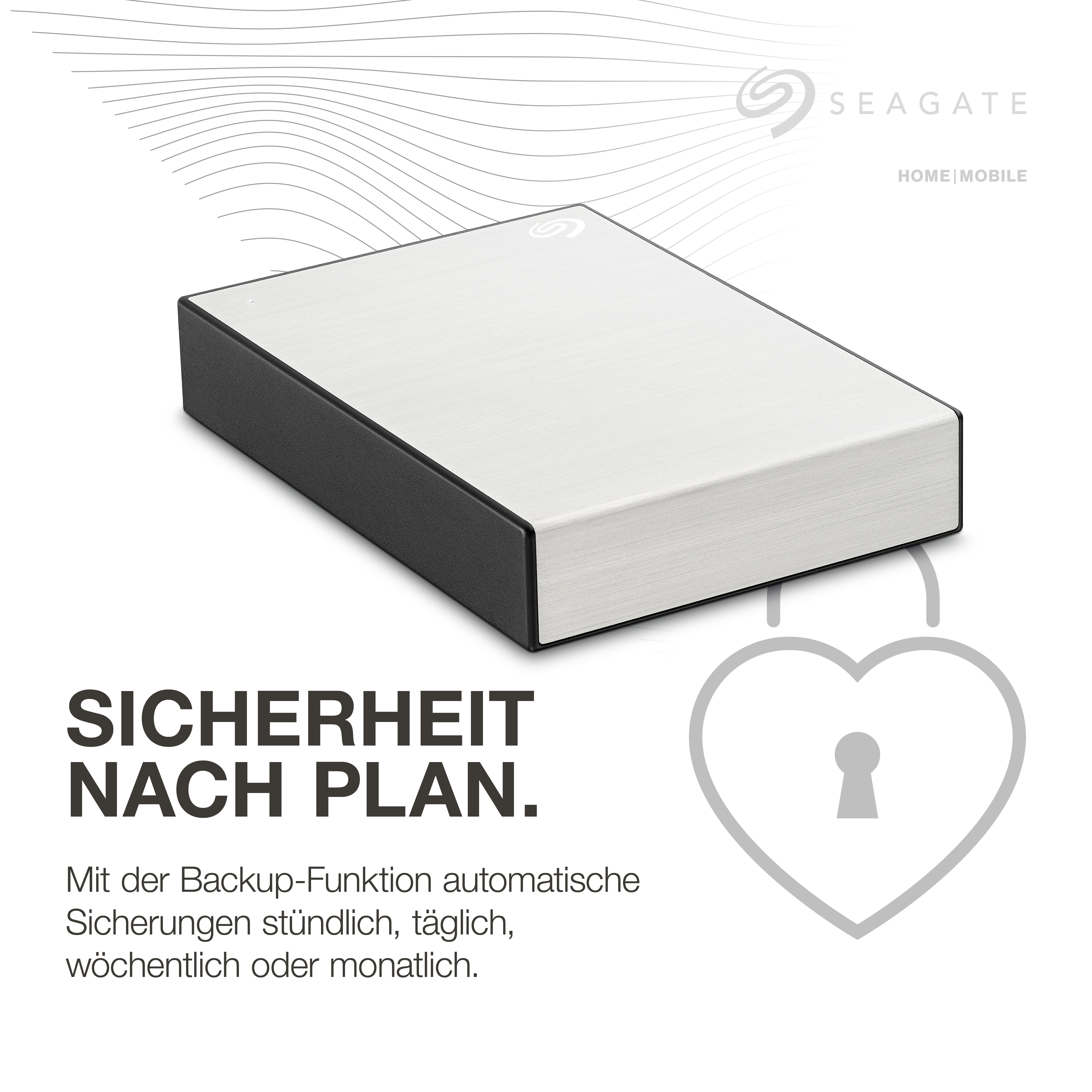 Eine silberne und schwarze externe Festplatte von Seagate. Text sagt 'SICHERHEIT NACH PLAN'.