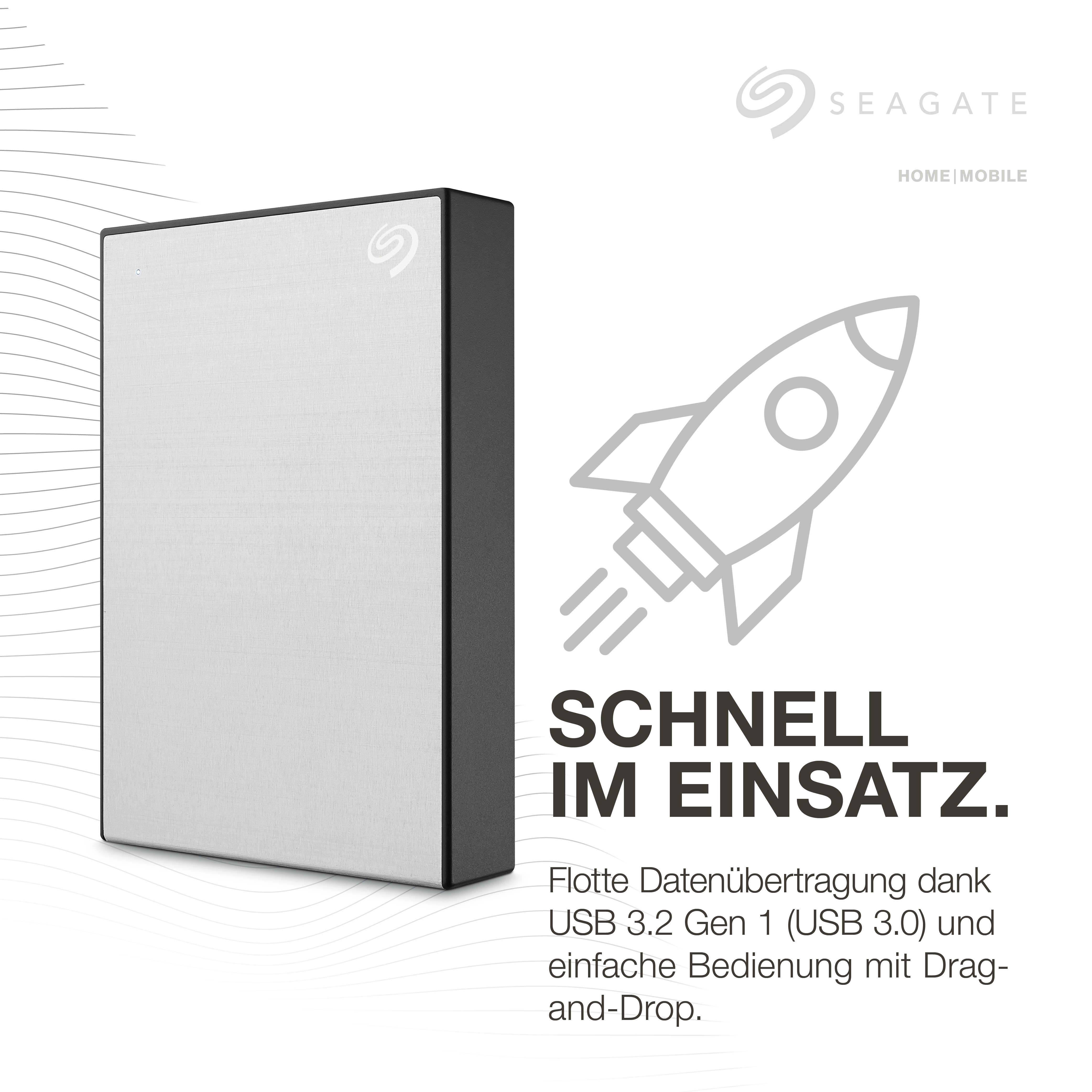 Weiße externe Seagate Festplatte, schwarzer Rand, mit Raketen-Grafik und Text.