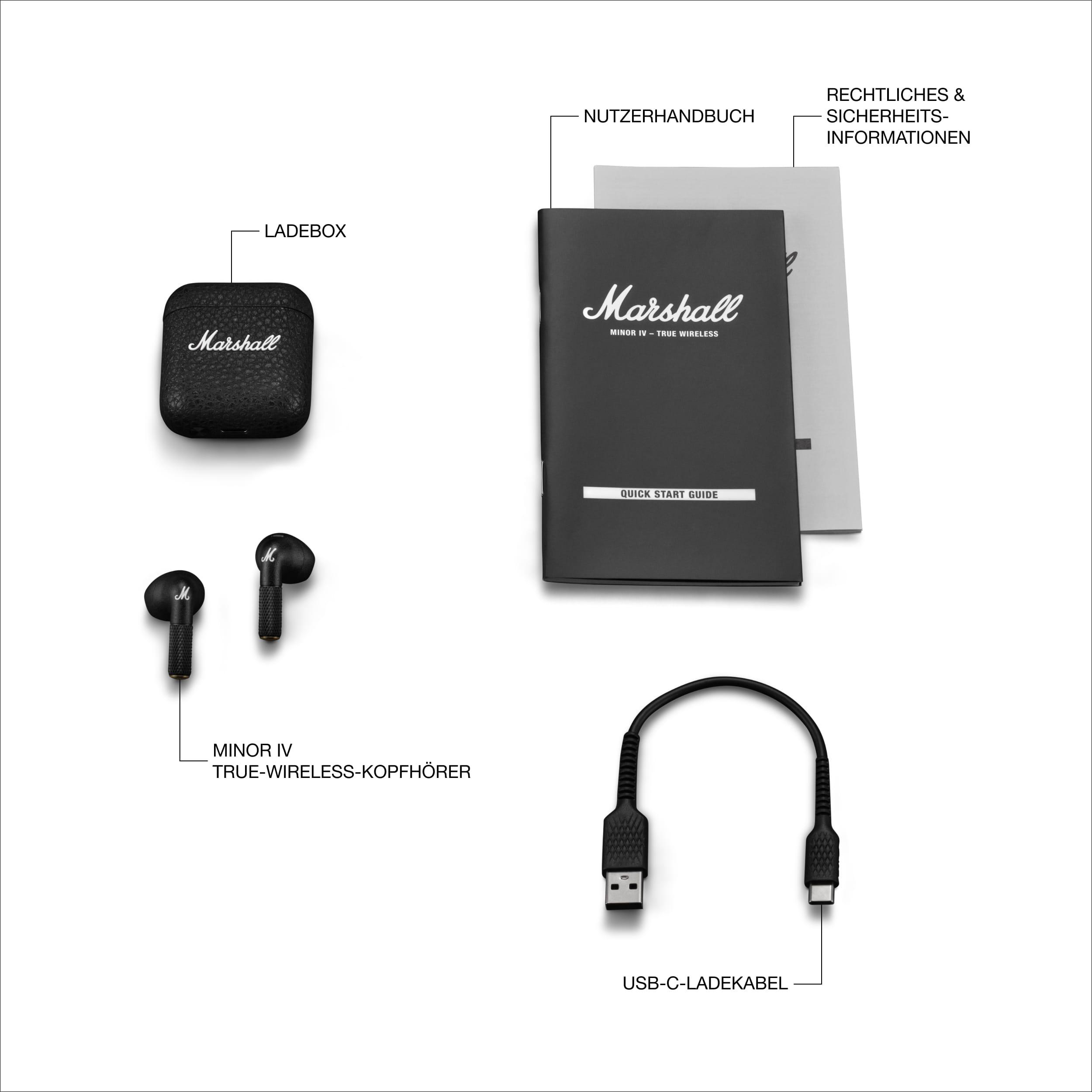 Marshall Minor IV Ohrhörer, Ladecase, USB-C-Kabel und Dokumente auf weißem Untergrund.