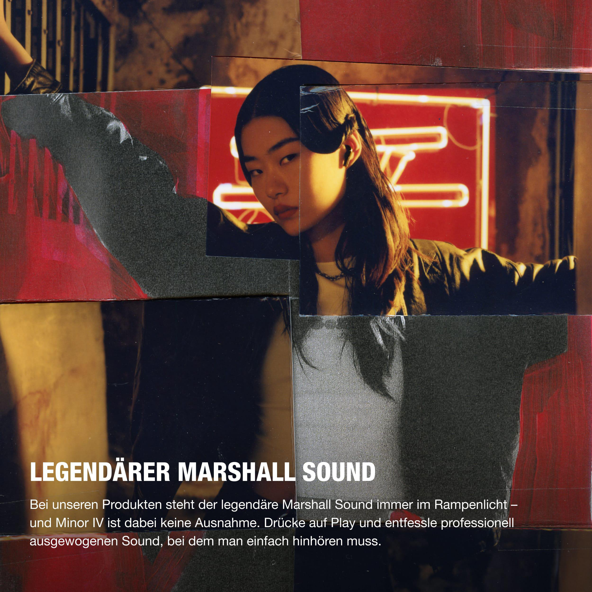 Frau vor Collage. Text: LEGENDÄRER MARSHALL SOUND. Neon-Schild im Hintergrund.