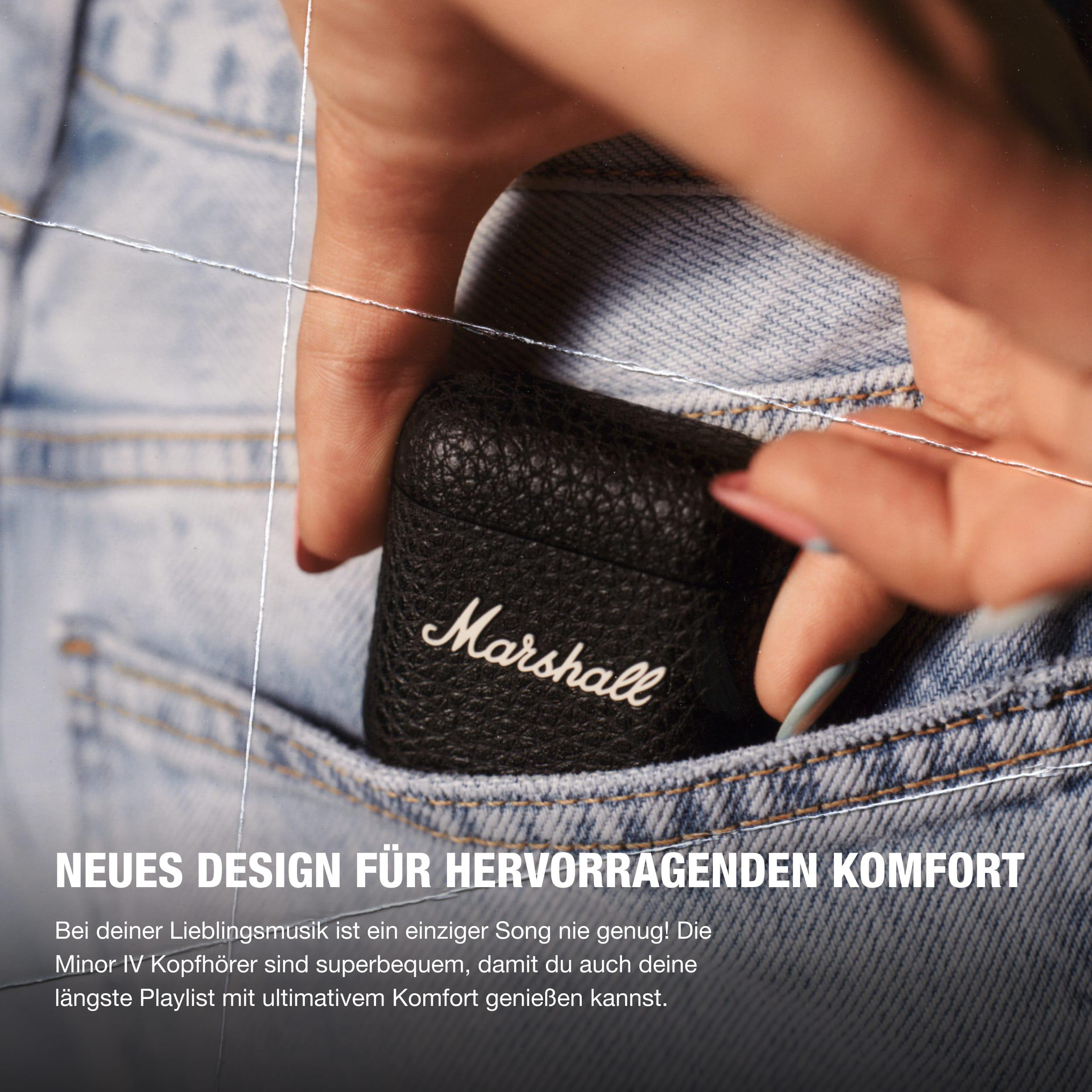 Eine Hand in einer Jeanstasche hält ein schwarzes Kopfhörer-Etui mit 'Marshall'-Logo. Text: 'NEUES DESIGN...'