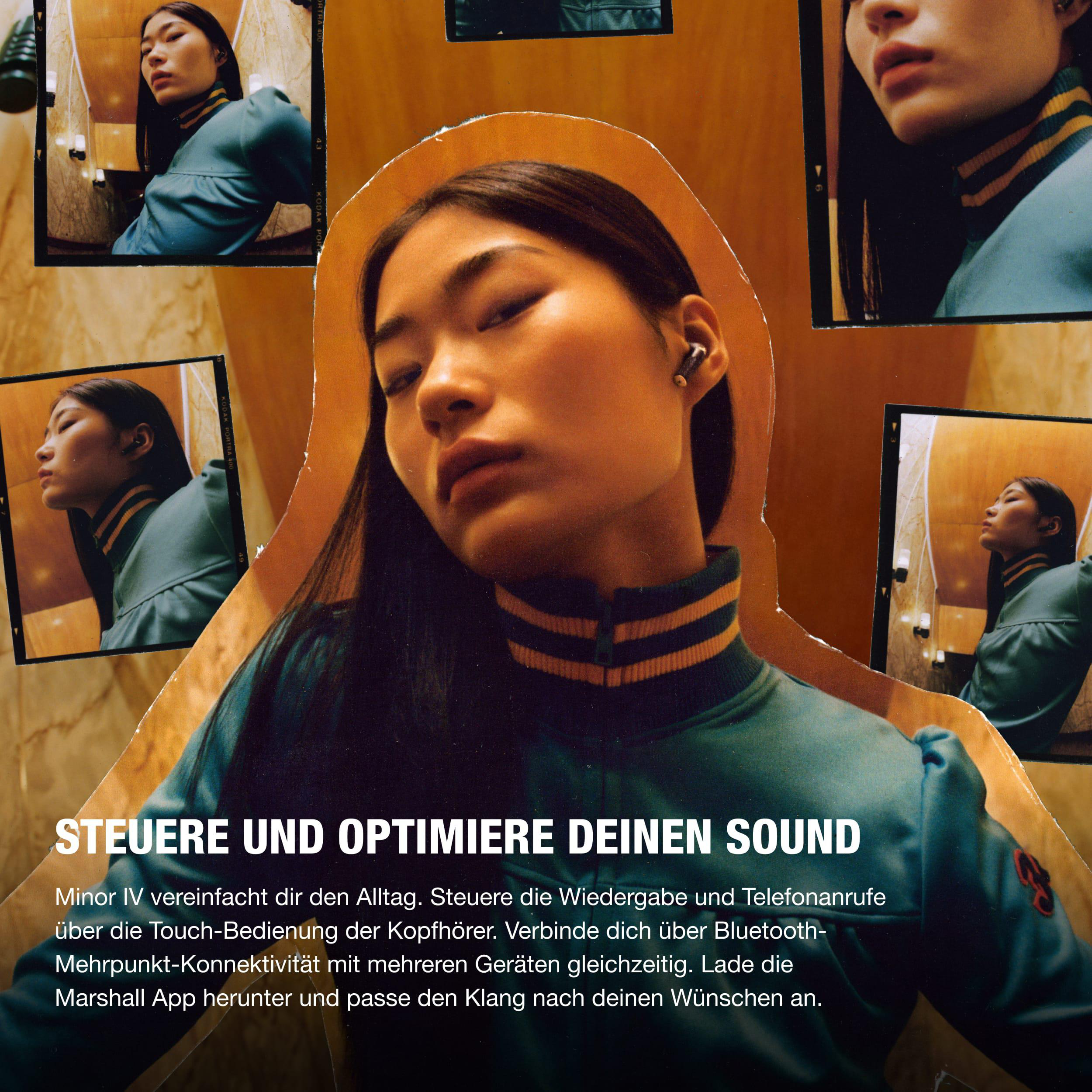 Eine Frau mit Ohrhörern, mehrere Fotos. Text: Steuern und optimieren Sie Ihren Sound. Minor IV.