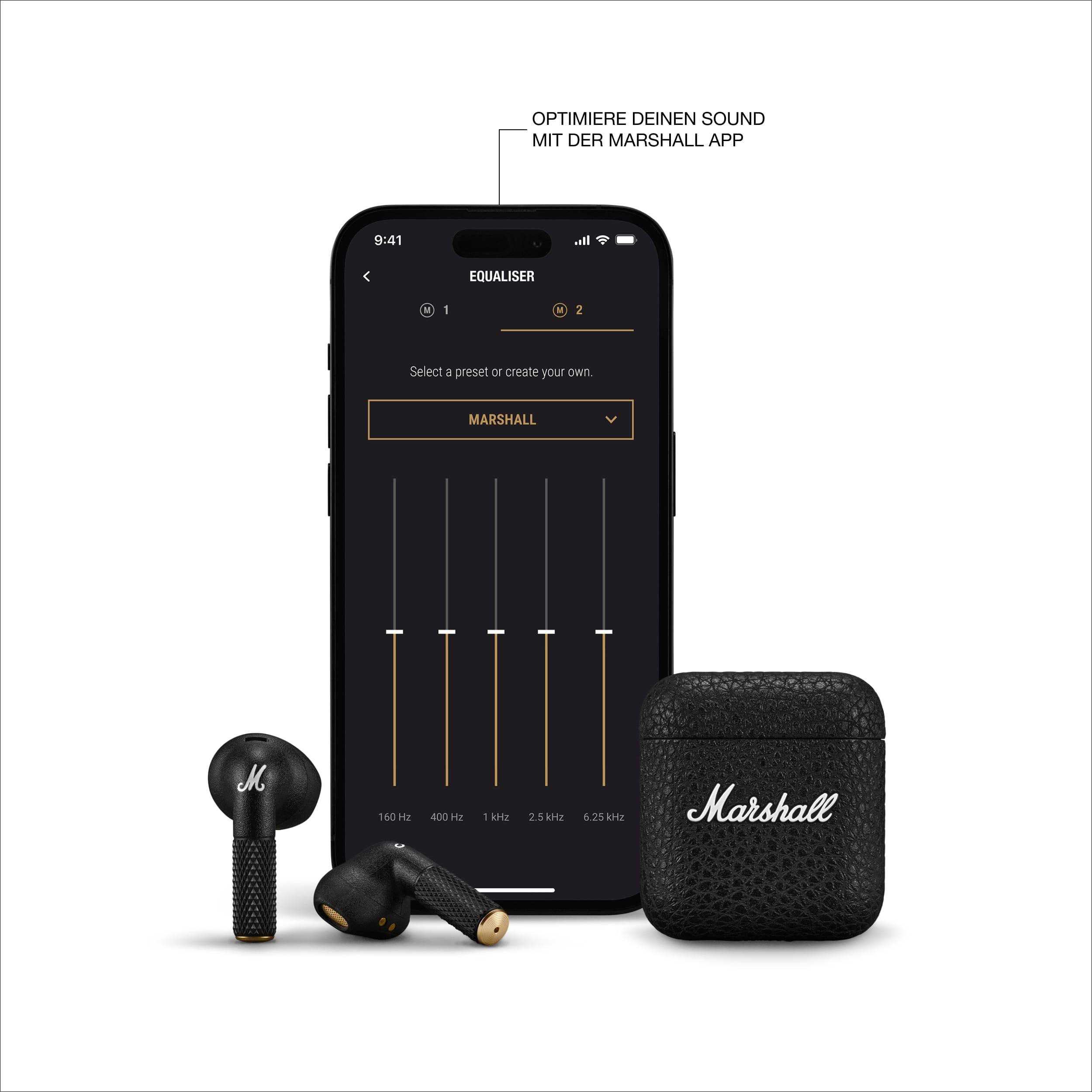 Ein Telefonbildschirm zeigt eine Equalizer-Oberfläche mit Marshall-Branding, Ohrhörer und ein Etui.