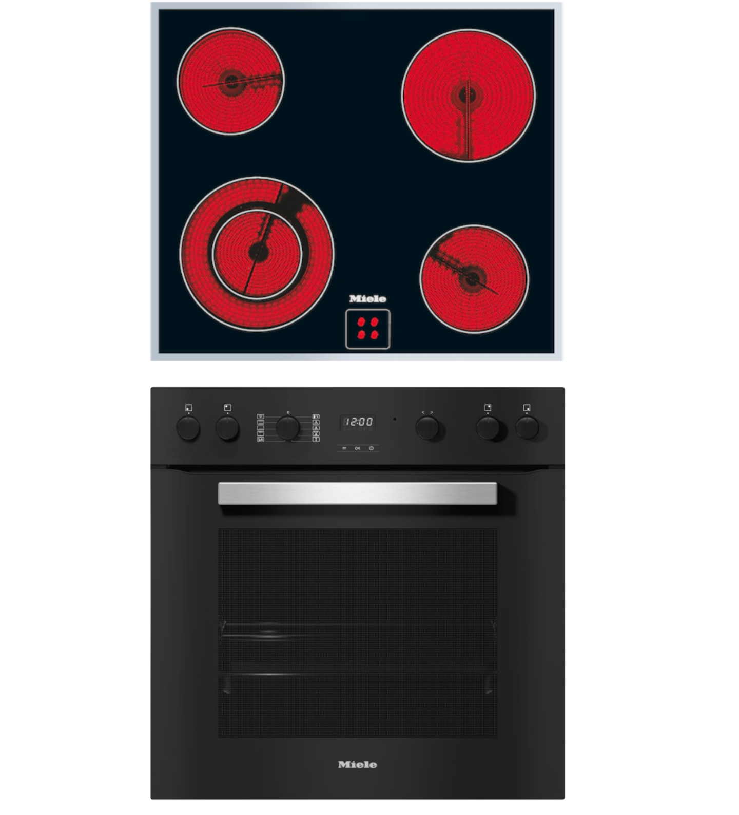 Schwarzer Backofen und Kochfeld, Marke Miele.