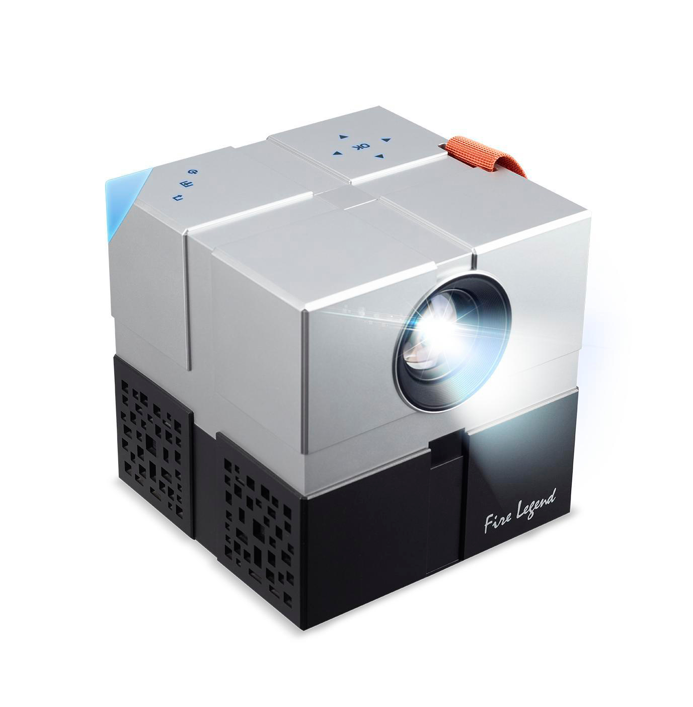 Ein würfelförmiger Projektor mit einem Lichtstrahl aus der Linse.