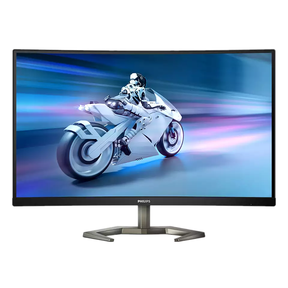Monitor que muestra una escena de carreras con una moto y un piloto en movimiento.