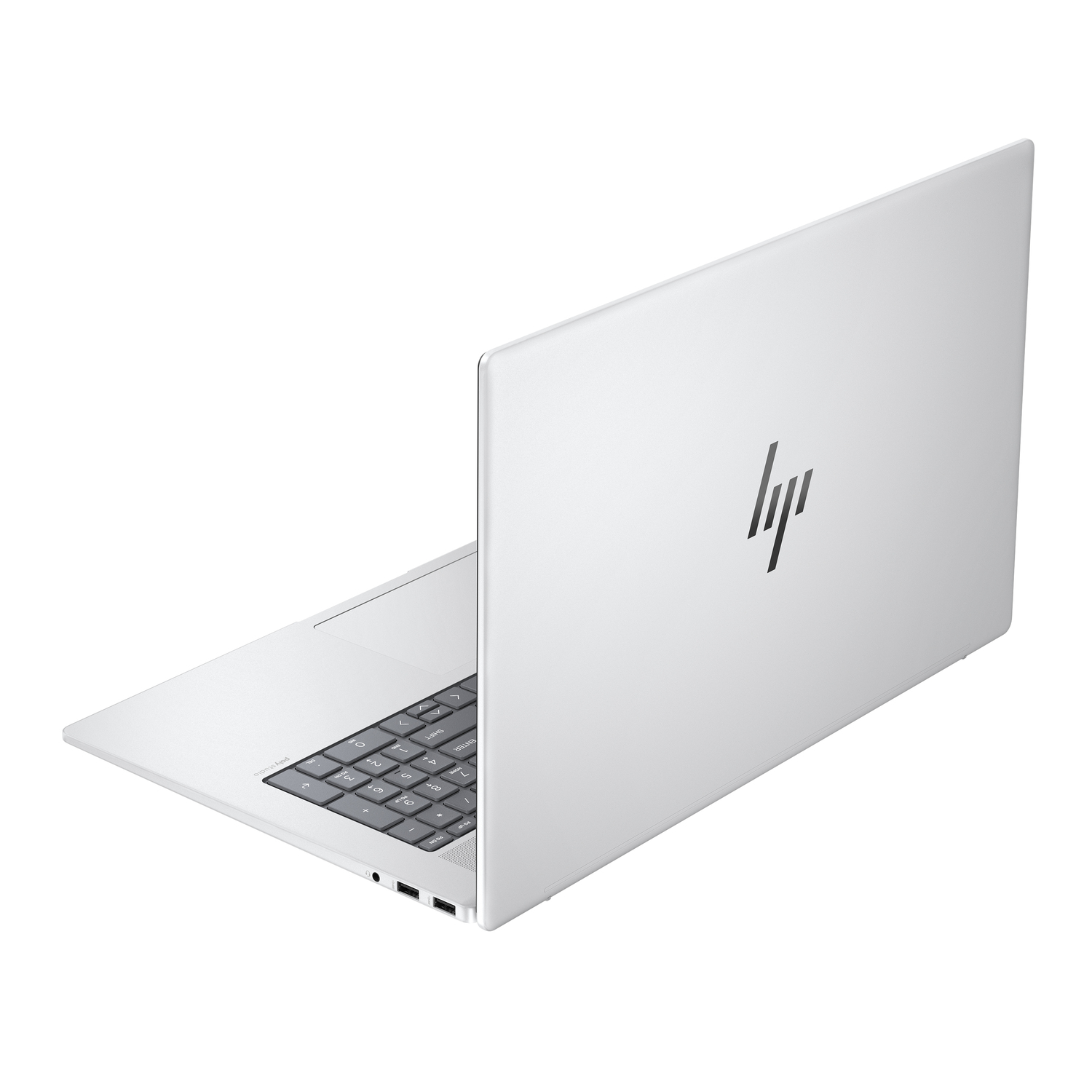 Un ordinateur portable HP blanc, incliné, montrant l'arrière avec le logo HP et le clavier.