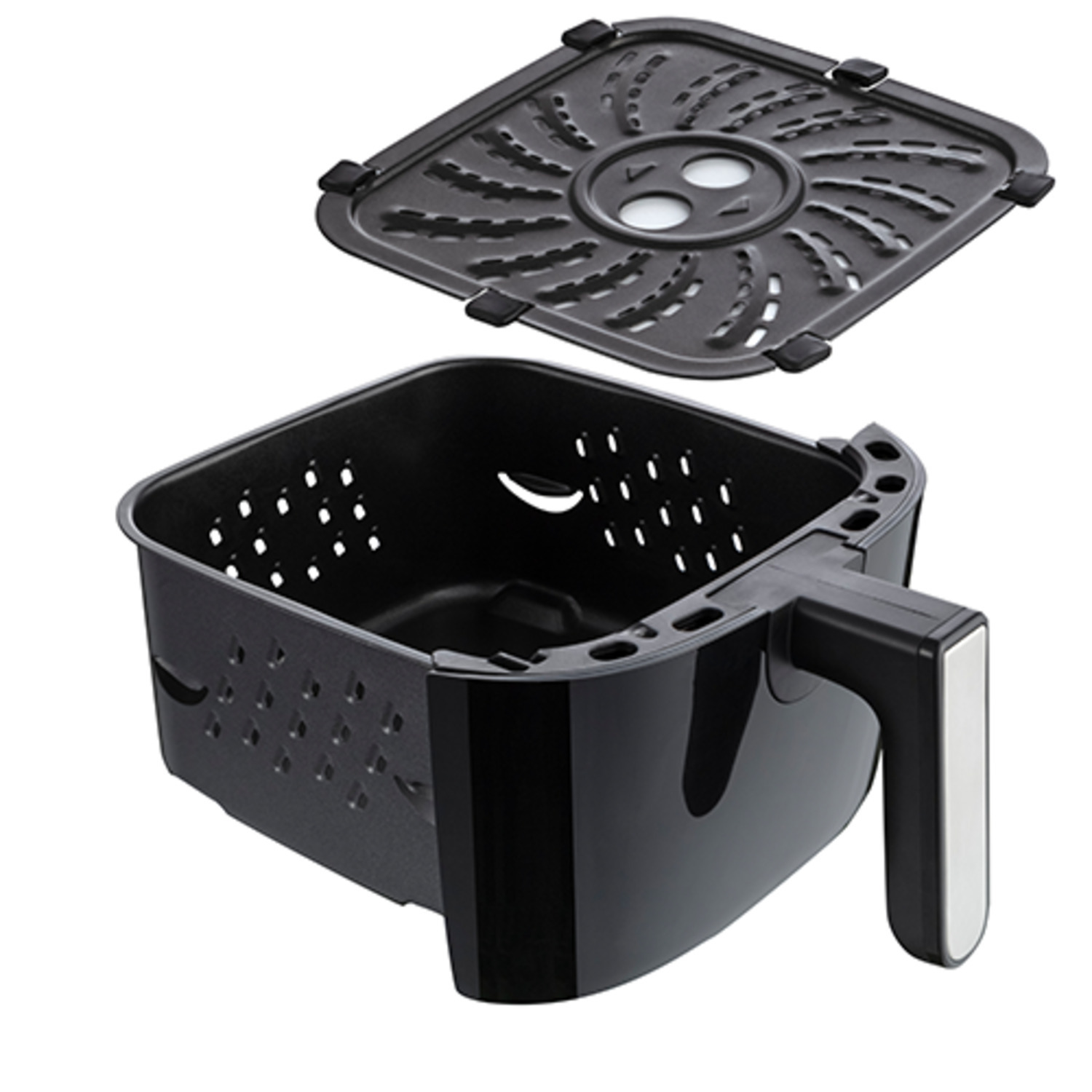 Zwarte airfryer mand en deksel, geïsoleerd op een witte achtergrond.