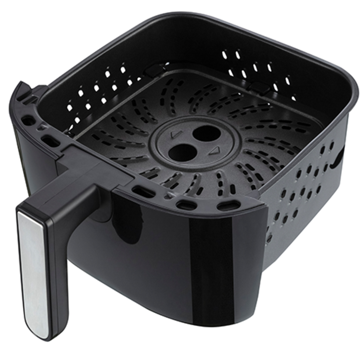 Zwarte airfryer mand met handvat. De mand is open en toont een geperforeerd interieur.