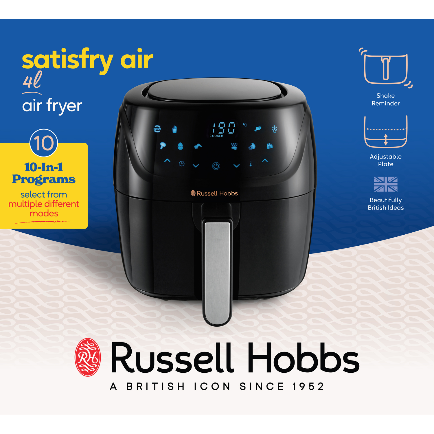 Een airfryer. Tekst: Satisfry airfryer. 10-in-1 programma's. Russell Hobbs.