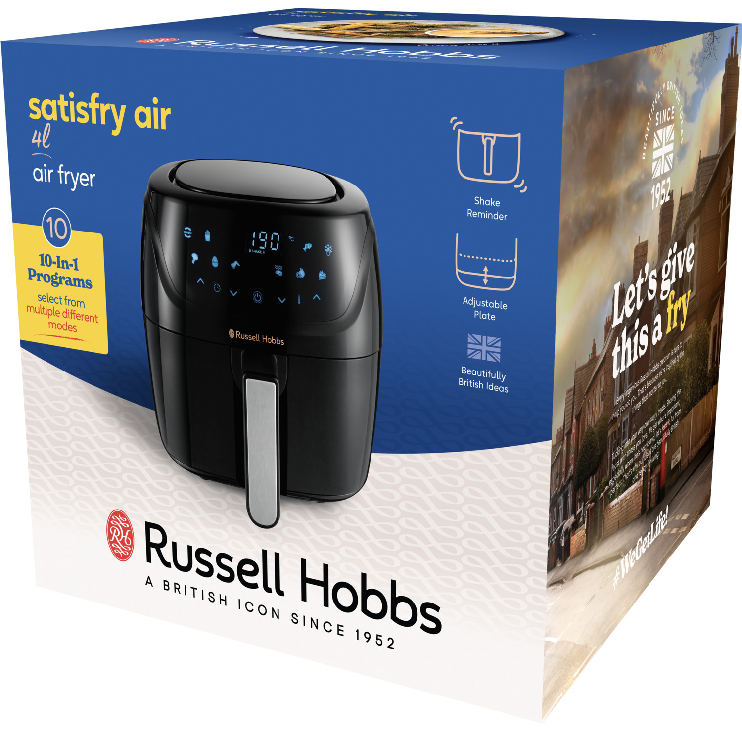 Zwarte airfryer met digitaal display, voorkant van de doos met tekst en afbeeldingen.