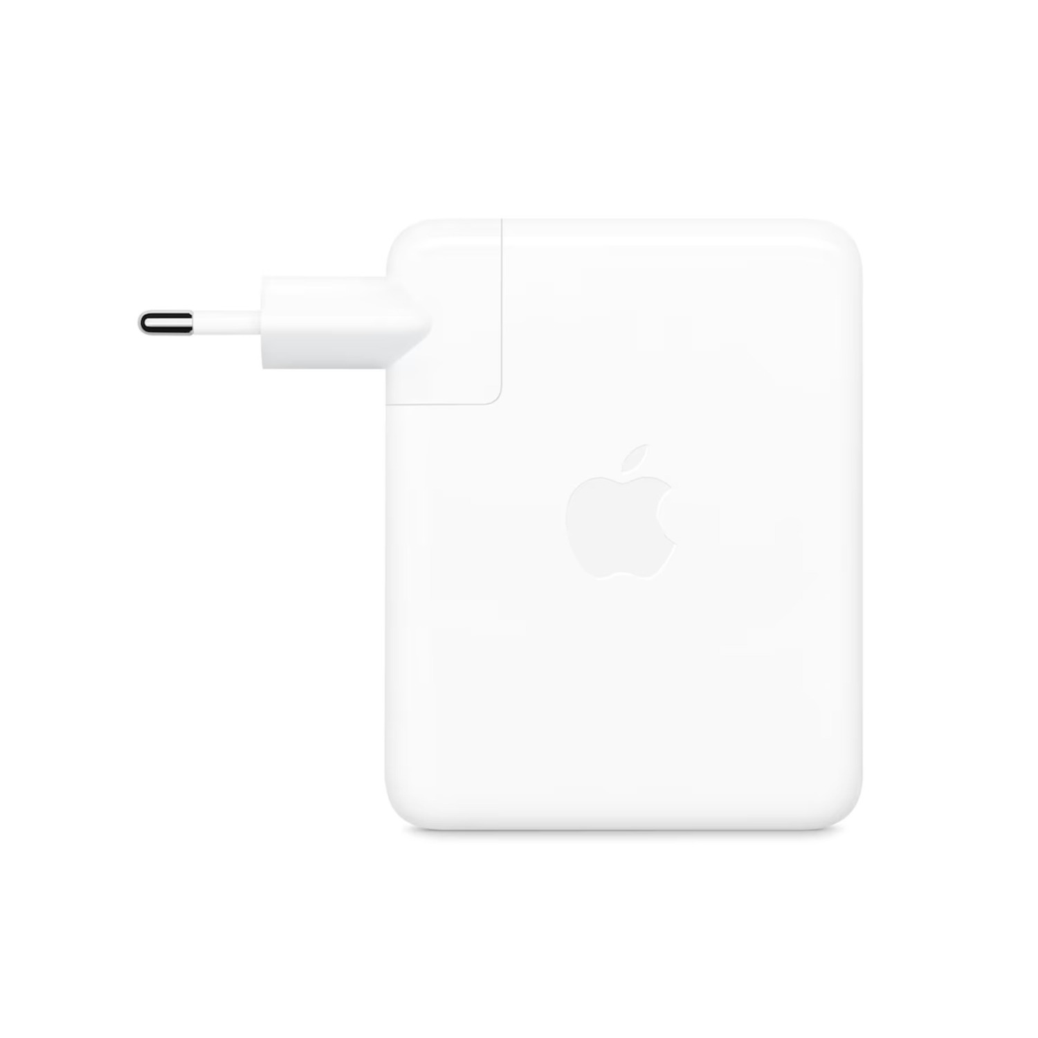 A white Apple charger with a plug, on a white background. The Apple logo is visible.