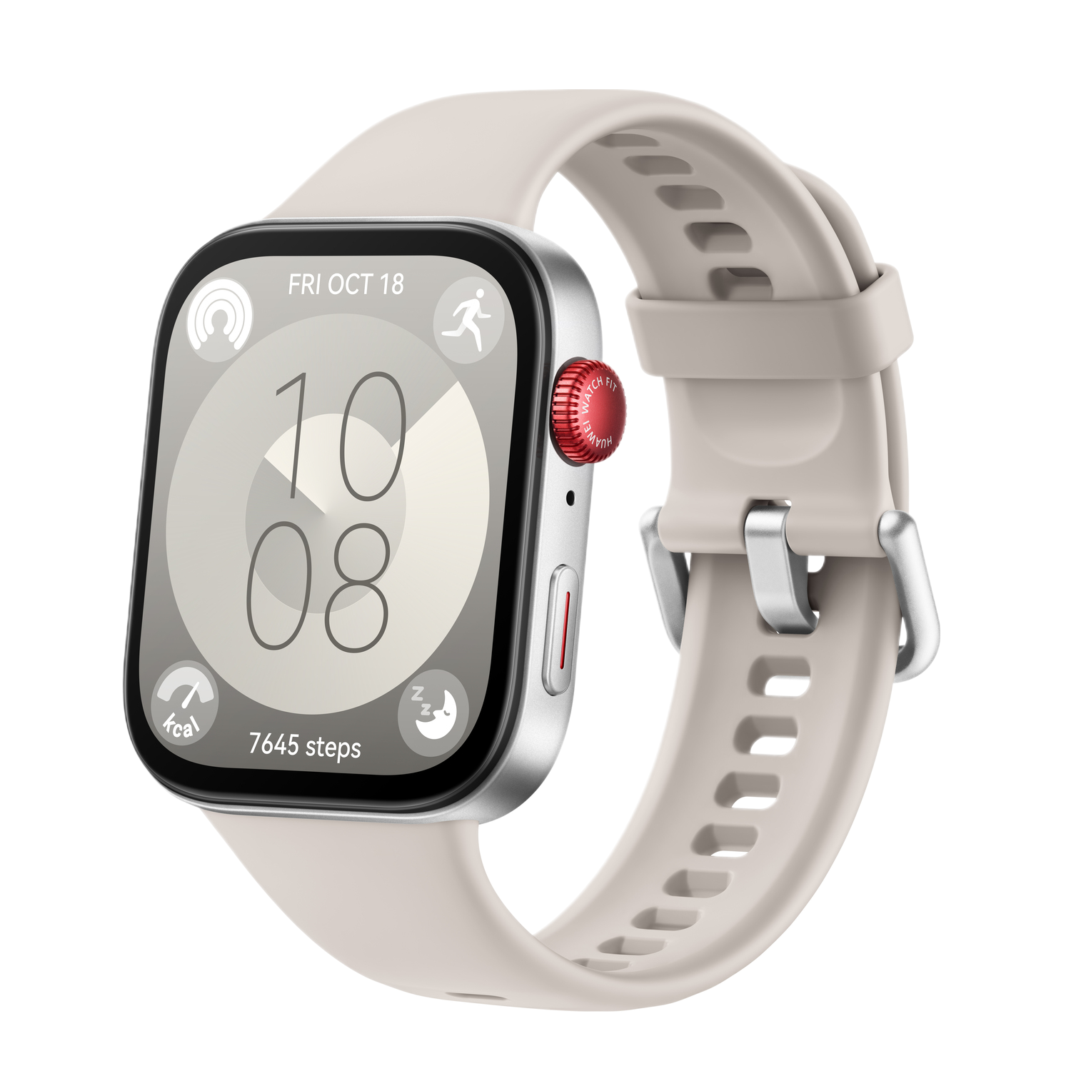 Montre connectée avec bracelet blanc. Affiche l'heure, la date, les pas et les kcal. Fond noir.