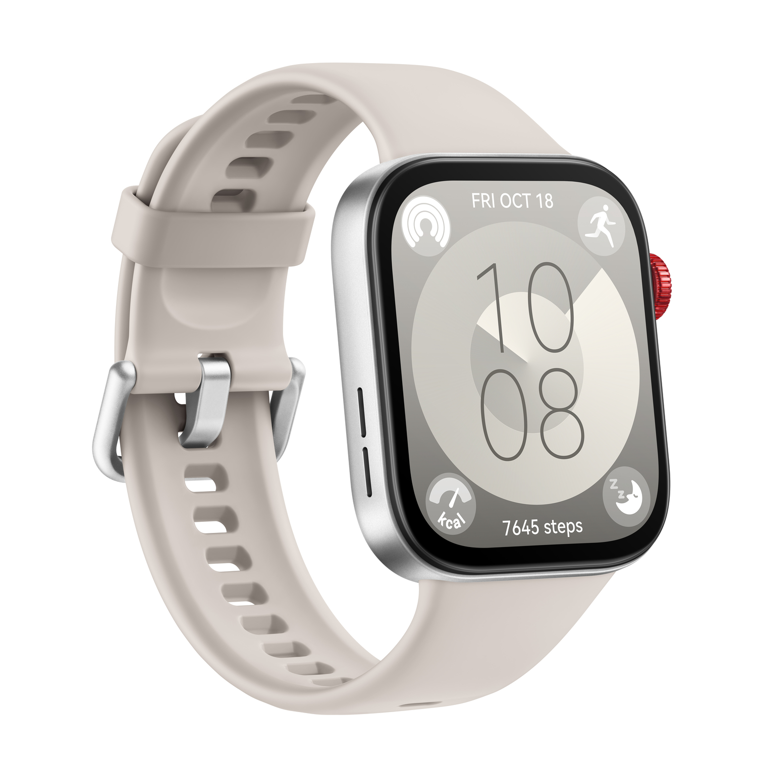 Montre connectée avec bracelet beige, affichant la date, l'heure et les métriques d'activité.