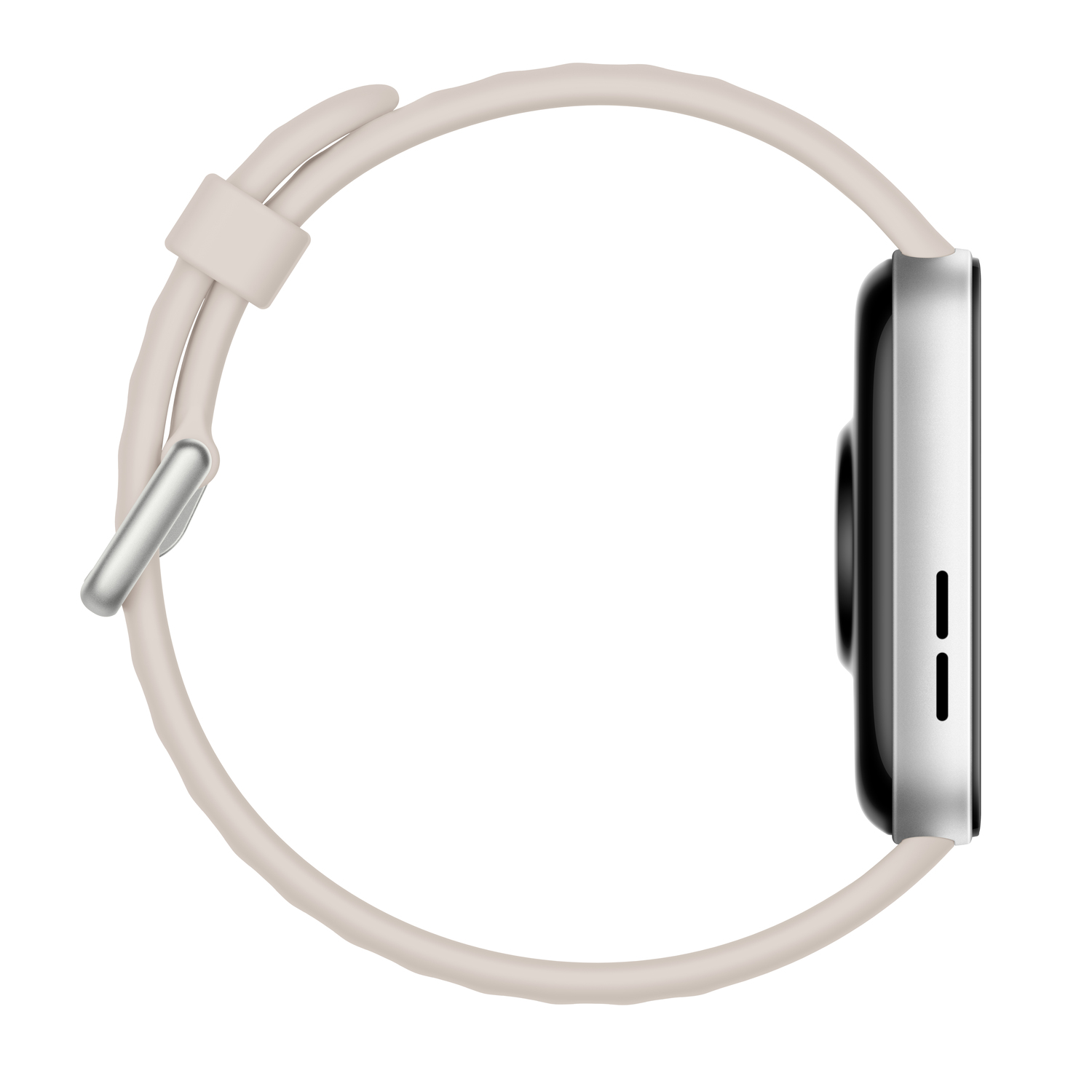 Vue latérale d'une montre connectée avec bracelet beige et écran noir.