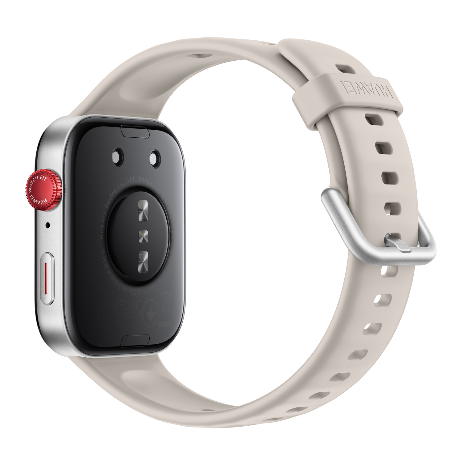 Une montre connectée, le cadran est sombre, le bracelet est beige, bouton rouge sur le côté.