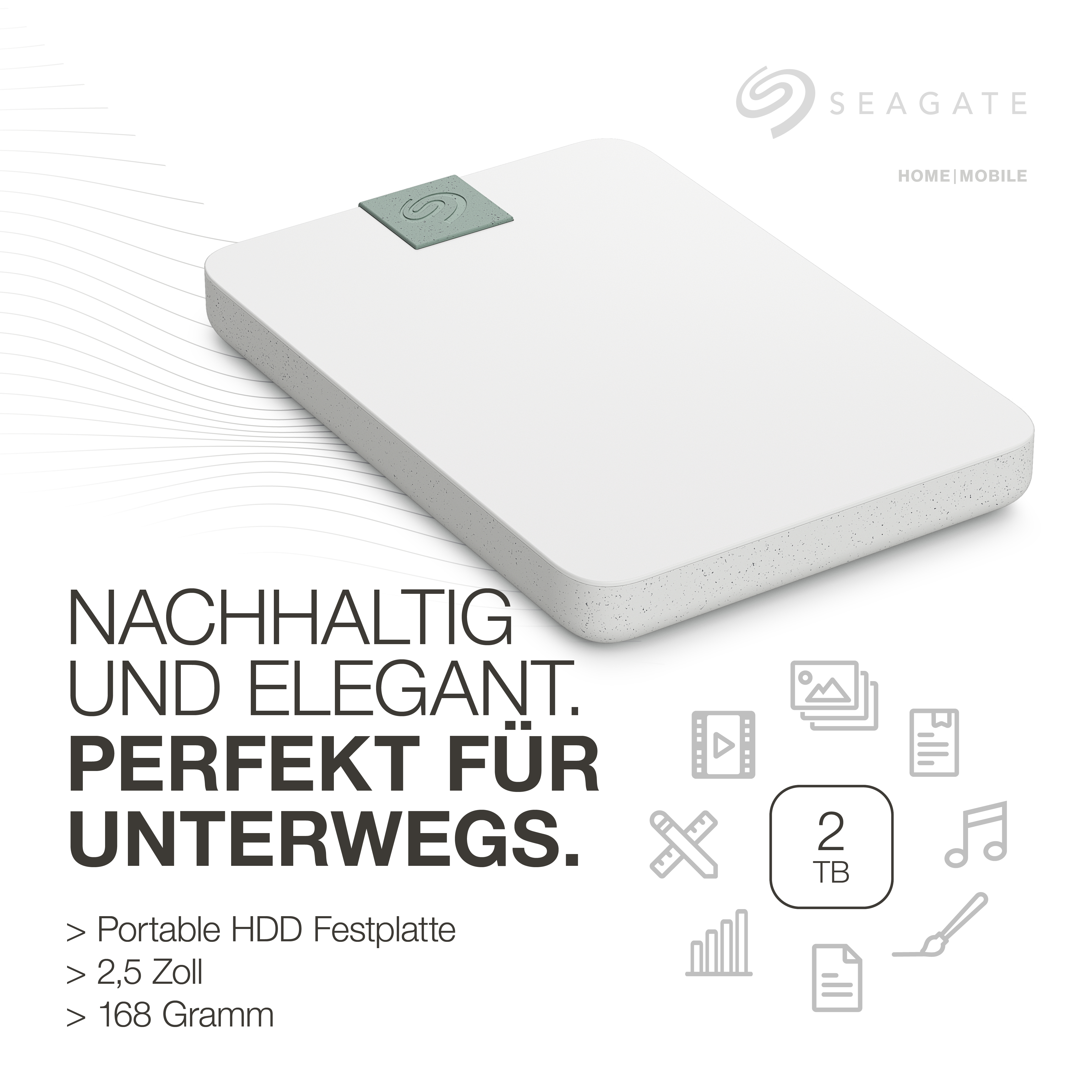 Weiße externe Festplatte auf weißem Hintergrund mit Text und Symbolen.