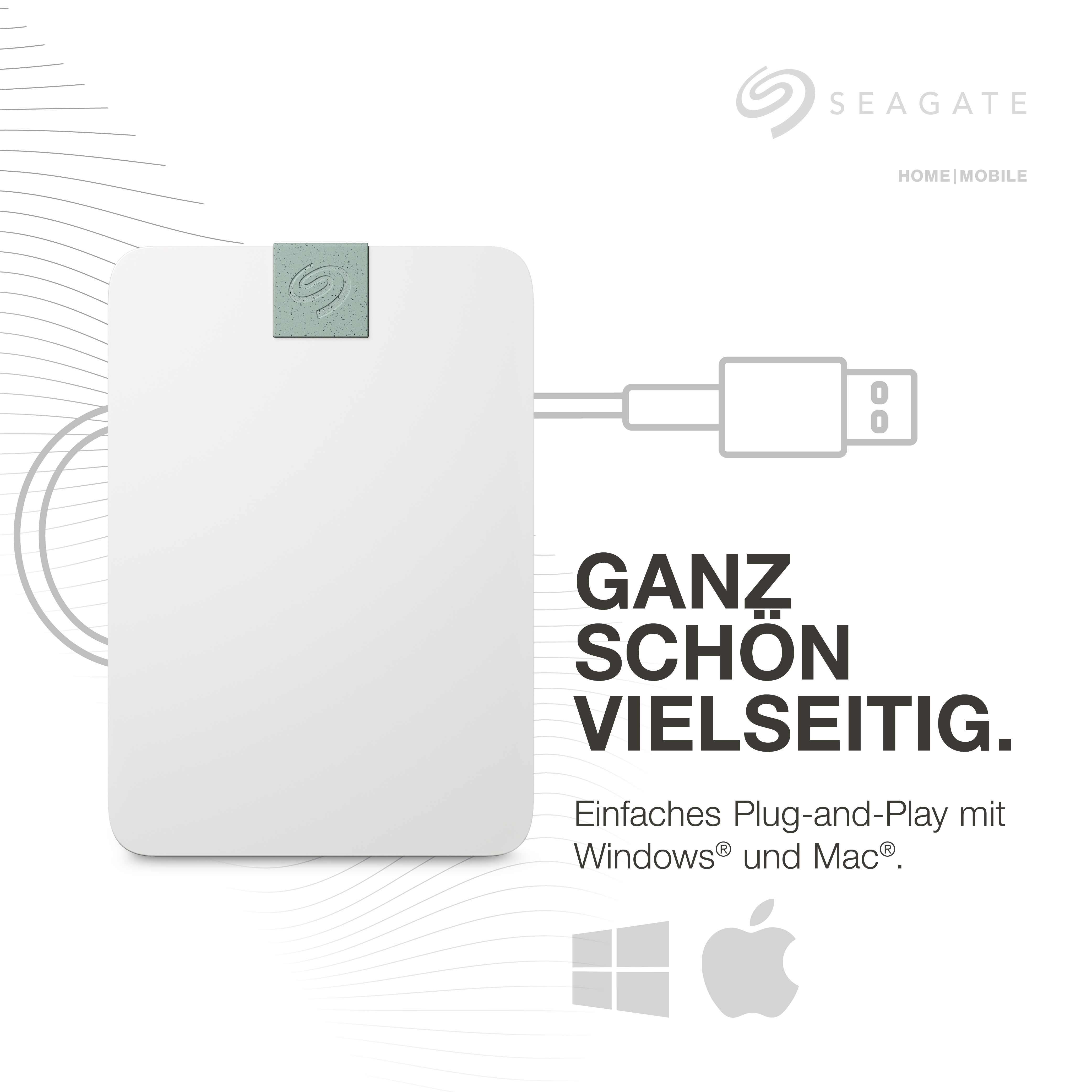 Weiße externe Festplatte von Seagate mit grünem Akzent, verbunden mit einem USB-Kabel, auf weißem Hintergrund.