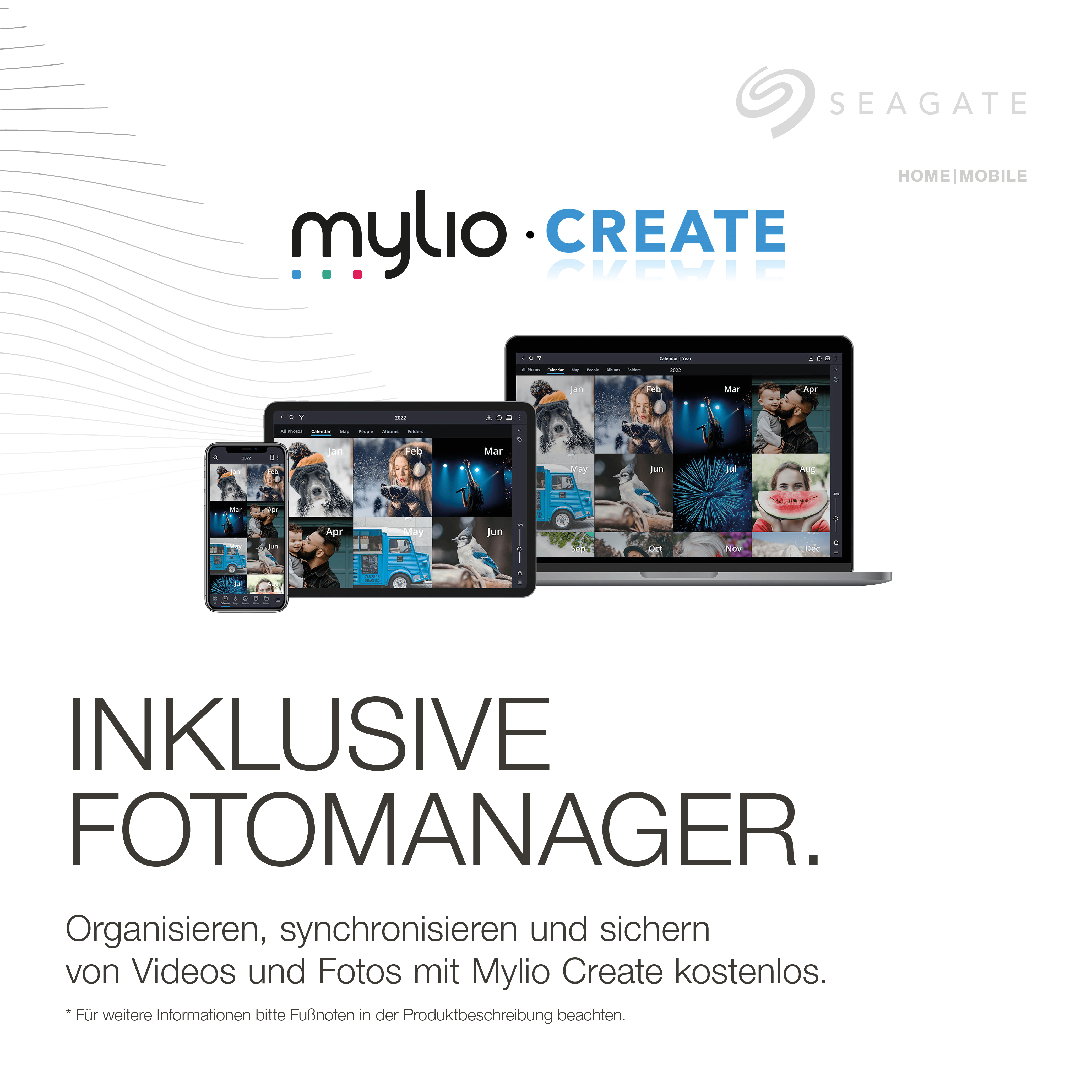 Seagate-Werbung mit verschiedenen digitalen Geräten, die Fotos und Videos anzeigen. Text lautet: Mylio Create.
