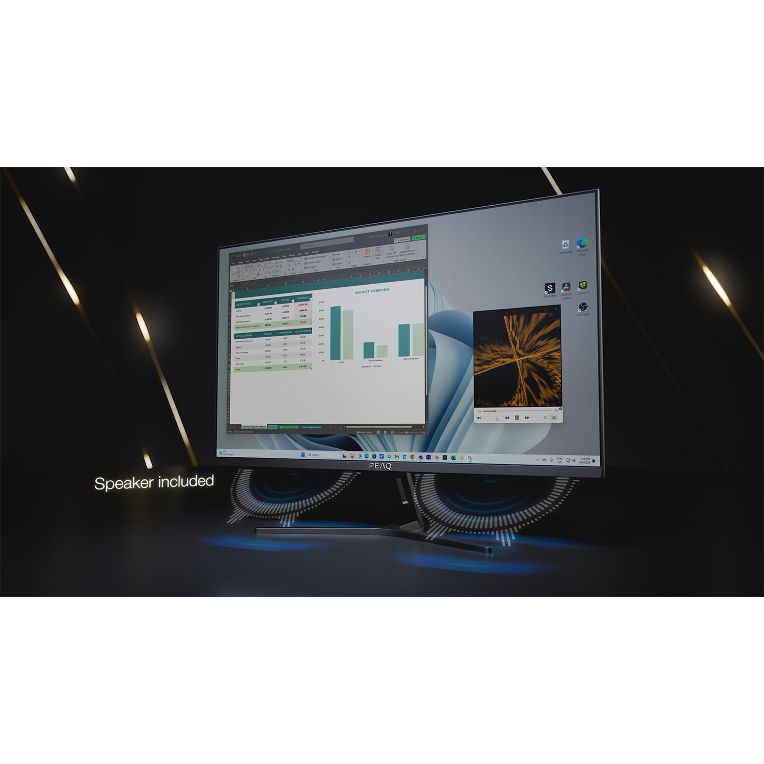 Monitor che mostra fogli di calcolo, un video e un'interfaccia desktop con luci.