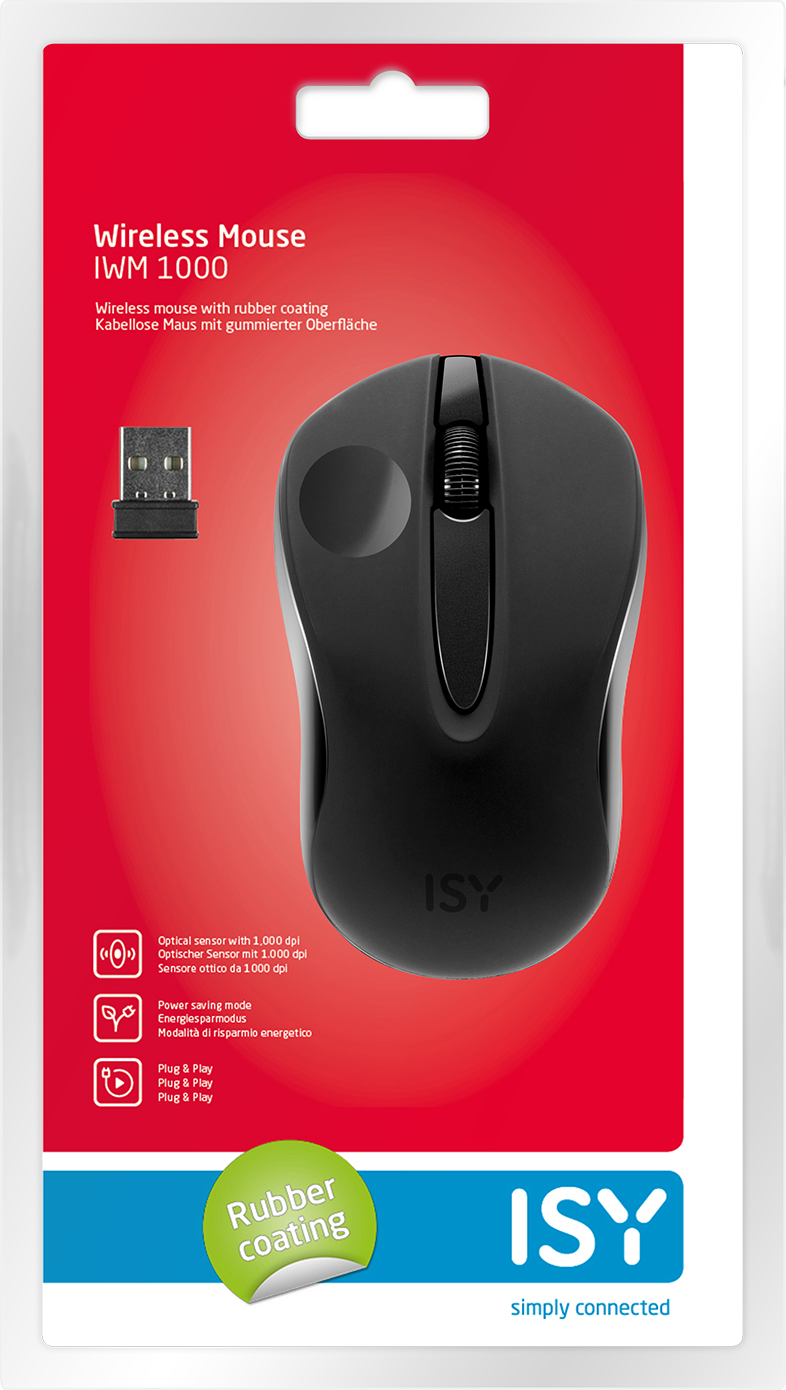 Egy fekete vezeték nélküli egér USB vevővel piros háttéren. Szöveg és logók veszik körül.